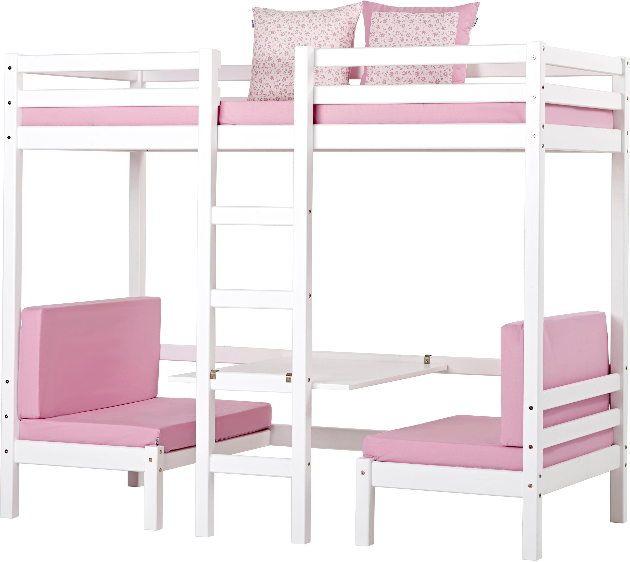 Hoppekids Hochbett Romantik, inkl.4-tlg. Sitzkissenset, Matratze und Rollrost