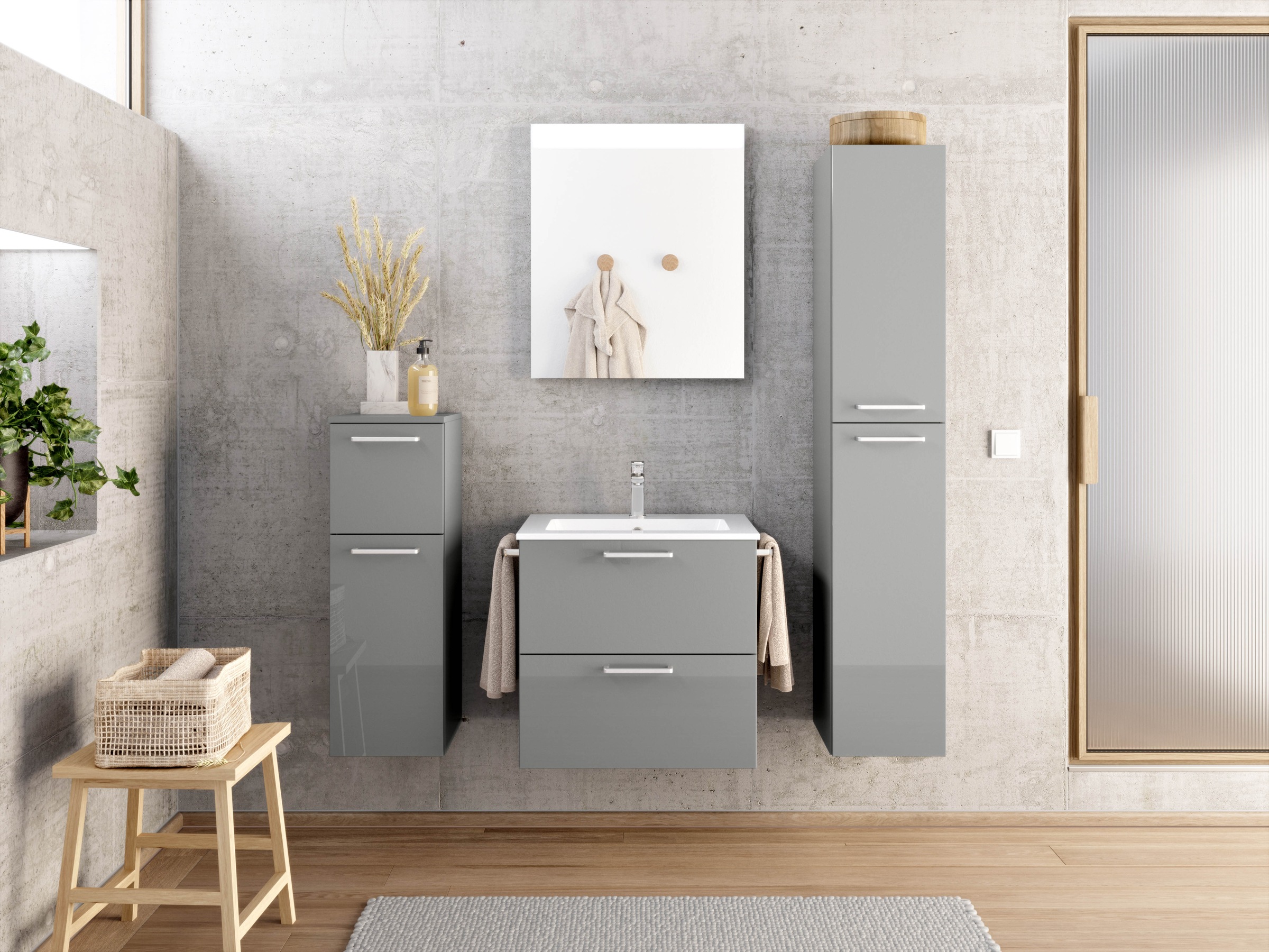 nobilia® Badmöbel-Set »Tolvina«, (4 St., vormontiert, mit Soft-Close), Hochglanz, inkl. Spiegel mit Touch-Sensor, in vier Breiten