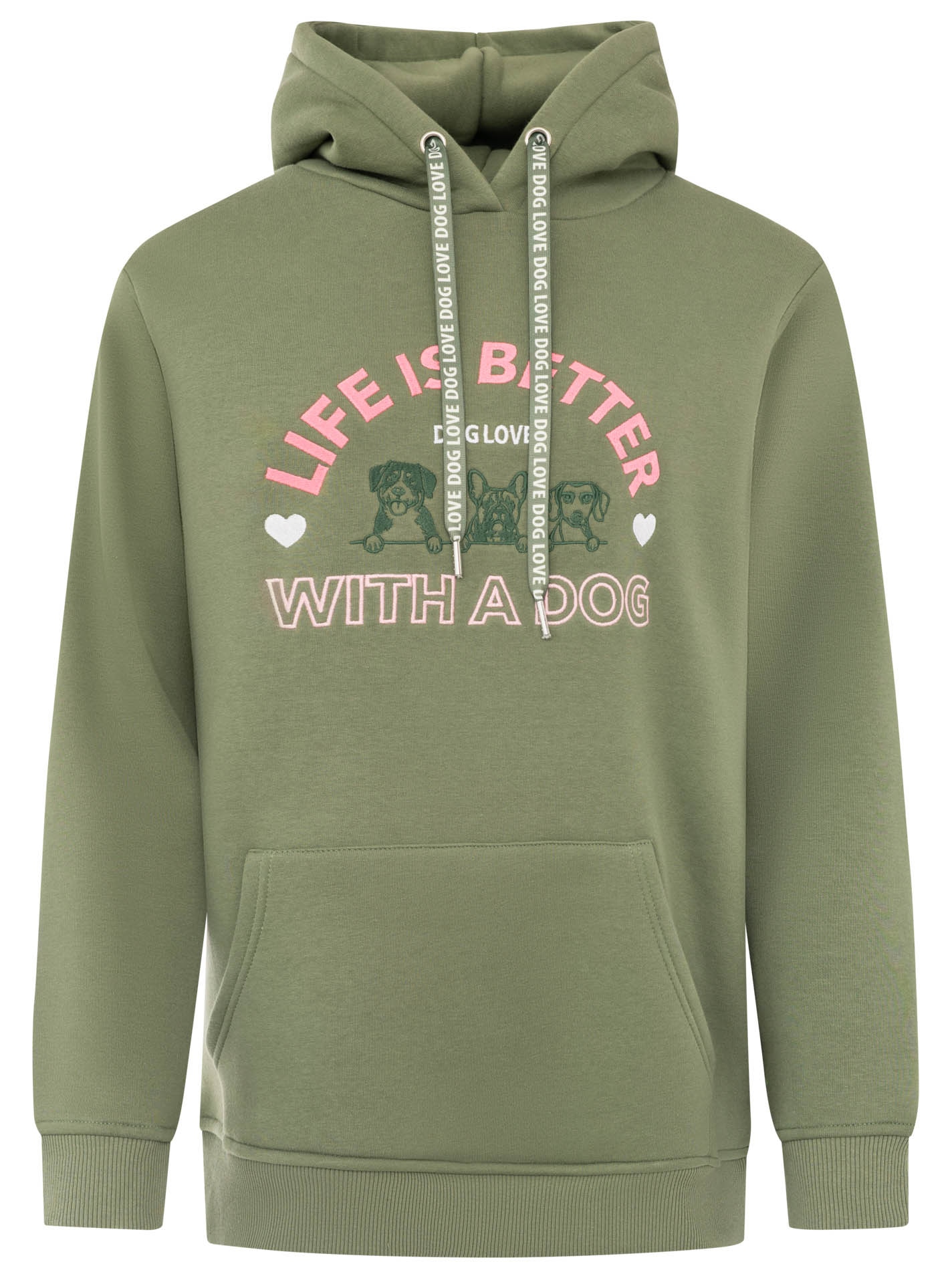 Zwillingsherz Hoodie »"Better with a Dog"«, gestickte Hunde und Slogan, Kapuze mit Kordel, Kängurutasche
