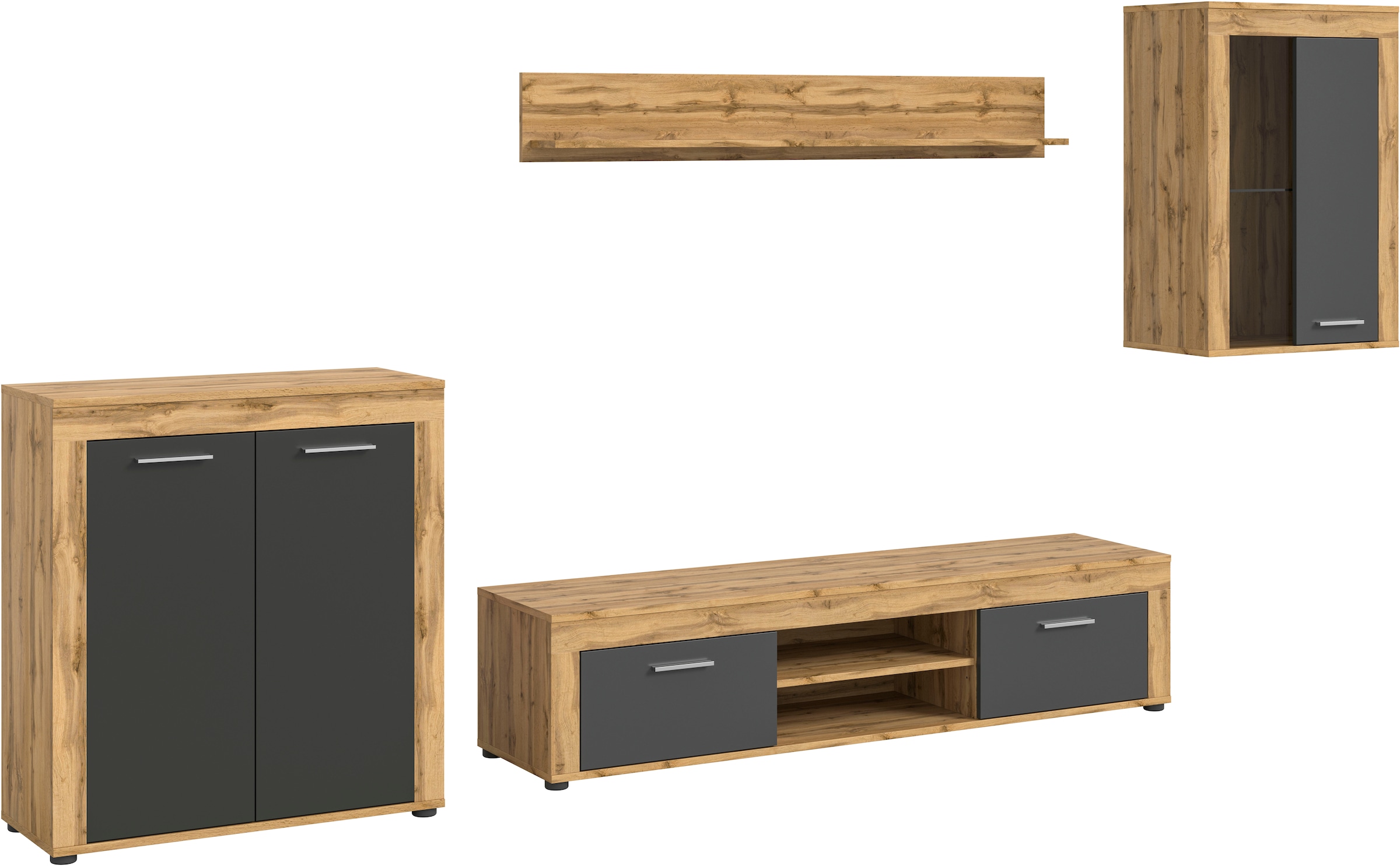 INOSIGN Wohnwand »Aosta, 4-tlg., best. aus: Highboard, Lowboard, Wandboard & Vitrine«, (4 St.), Wohnwand, Kombination, Anbauwand, Möbel Set, Schrankwand, Möbel Kombi