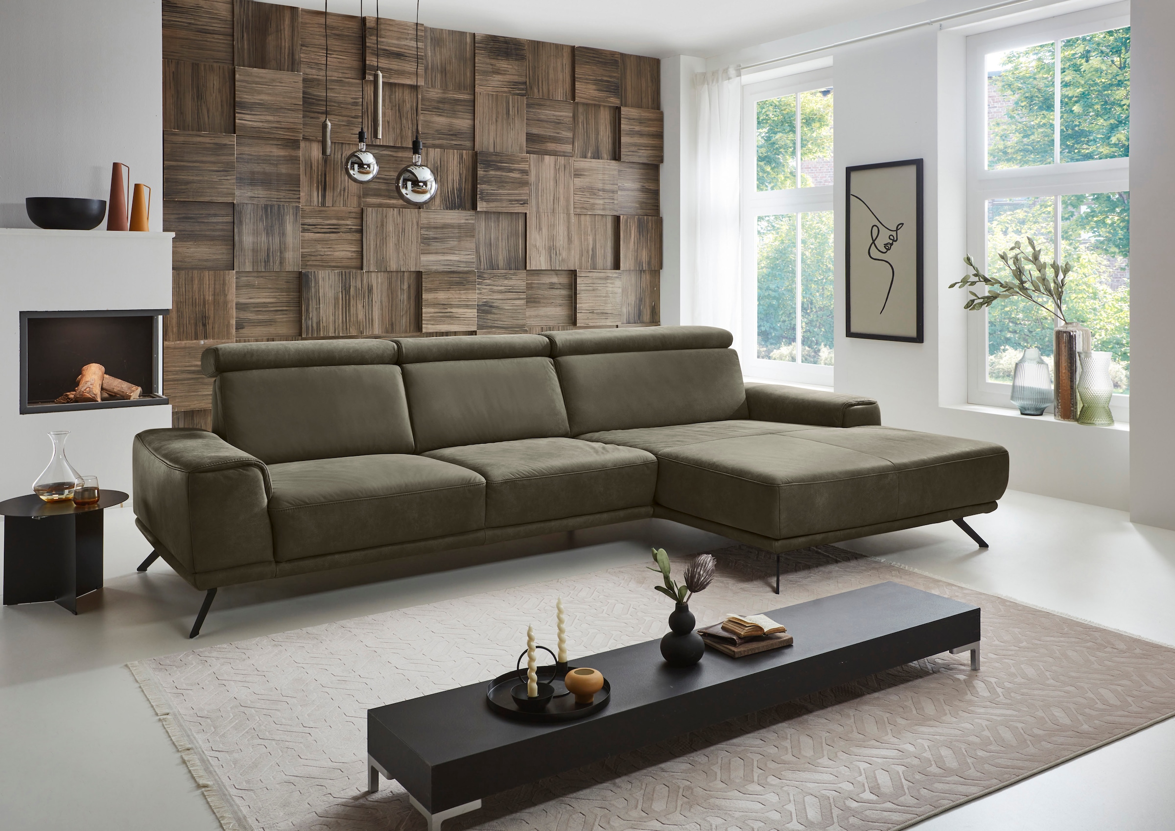 Ecksofa DIE PLANBAR, B:335cm H:89cm T:188cm, grün, Wohnzimmer, Sofas, "PN-EM22041 L-Form", wahlweise motorisches Canape oder Sitztiefenverstellung