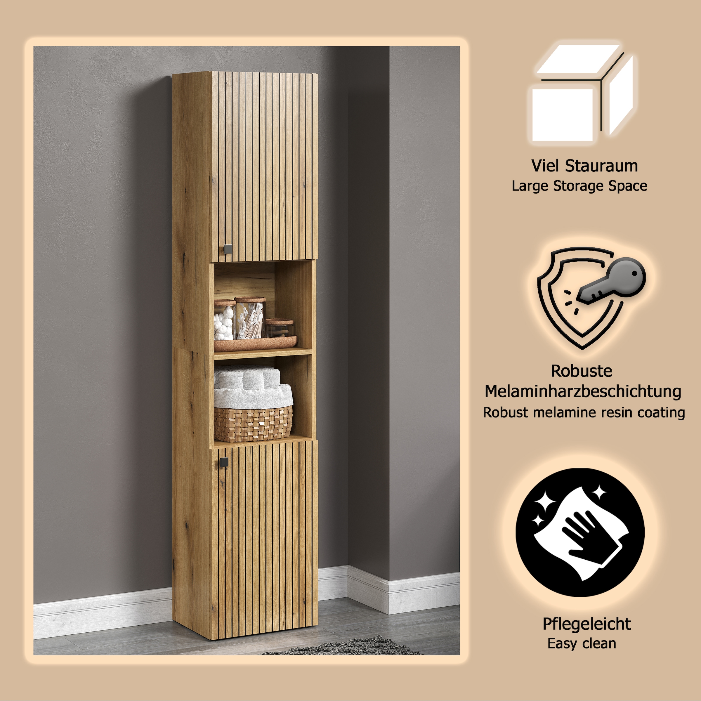 welltime Hochschrank »Amrum«, (1 St.), Badezimmerschrank mit und ohne Schublade - (B/T/H) 40-70/31/186 cm