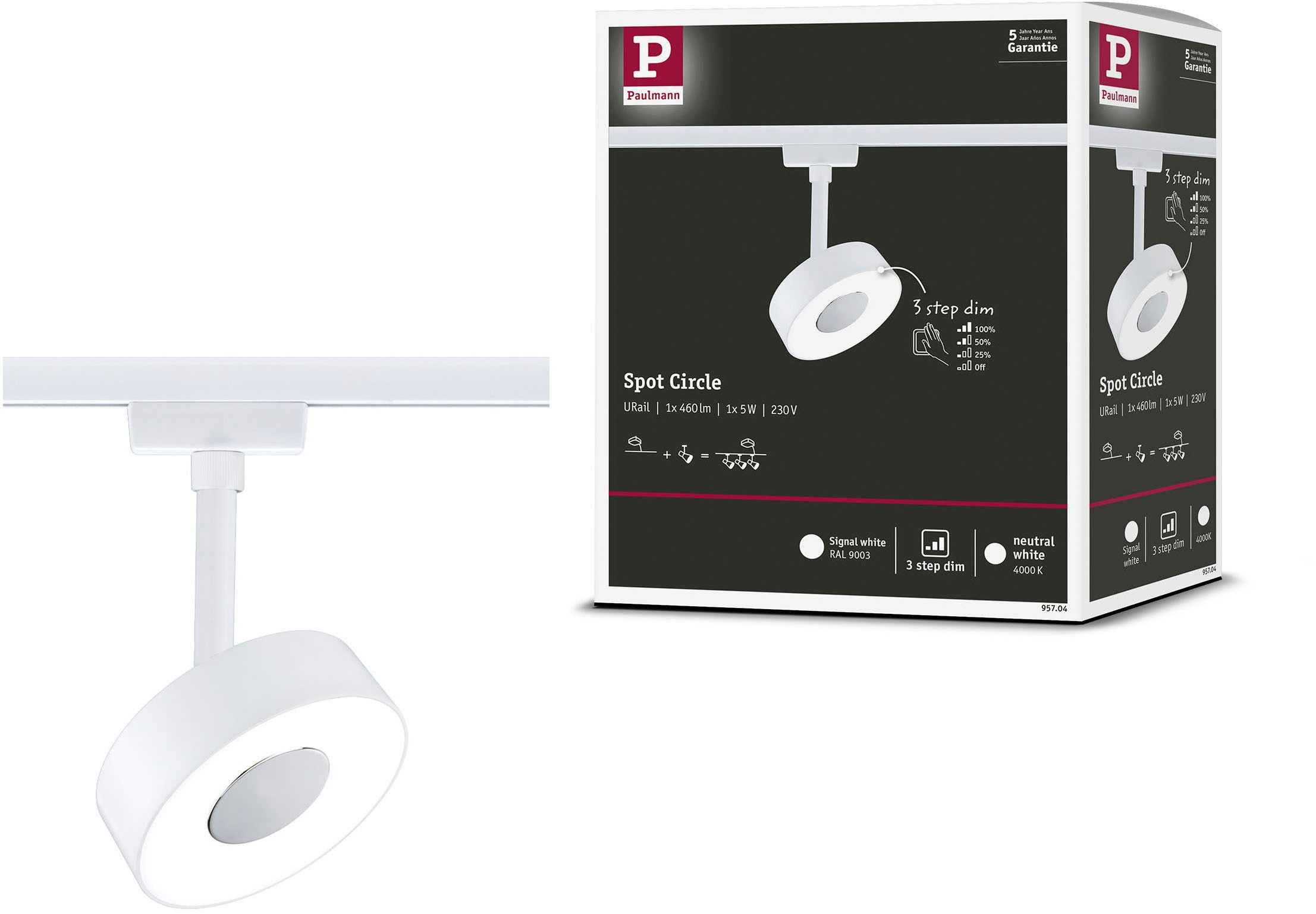 PAULMANN Schienensystem-Leuchten "URail LED Schienenspot 3-Step-Dim Circle Einzelspot Signalweiß", Ø 10cm H: 14,7cm, 1 Stk., weiß, Leuchten,