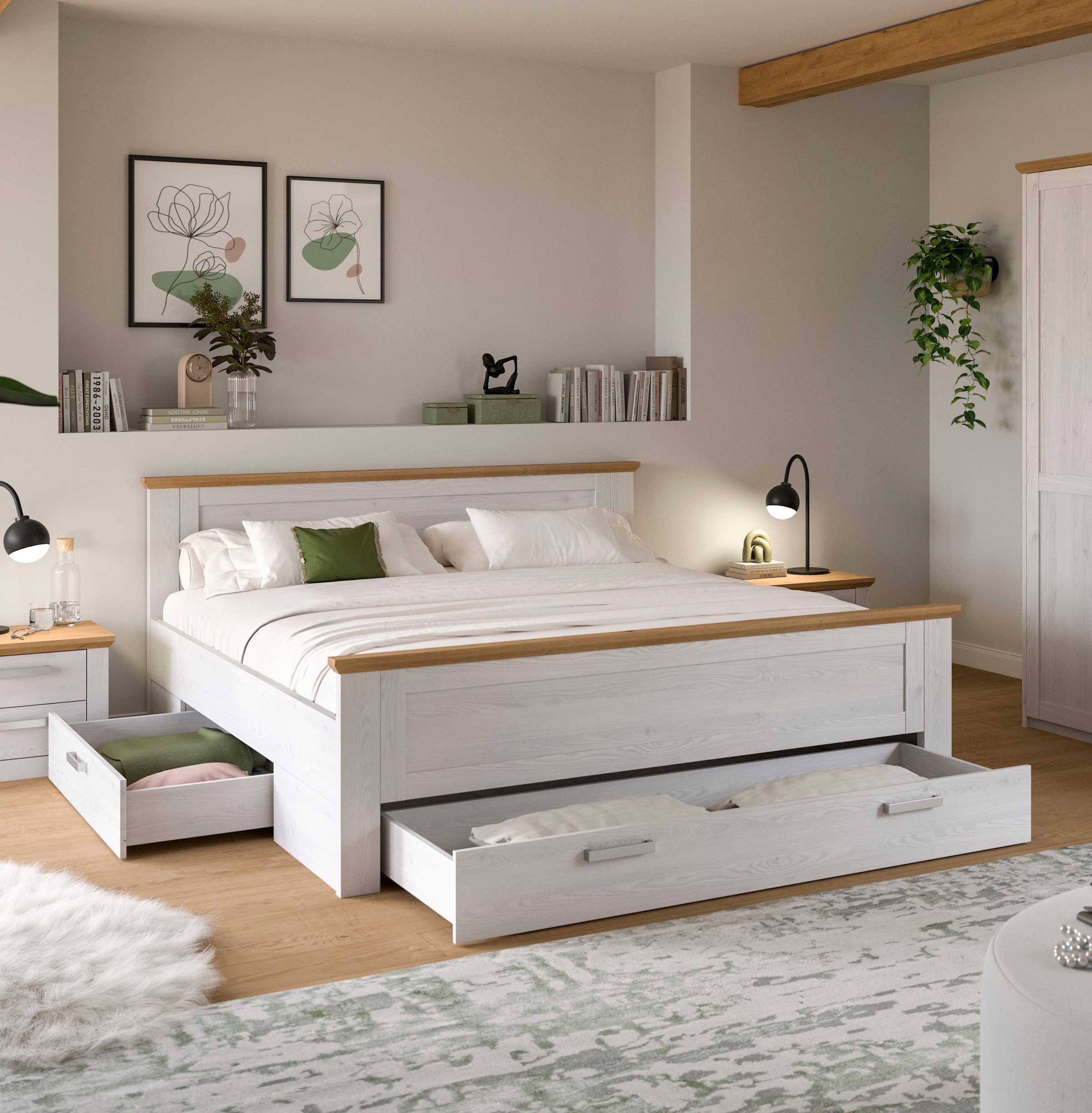 Home affaire Stauraumbett »COSENZA, TOPSELLER!, Breite 189cm, im Landhausstil, 3 Schubkästen« für Matratzen 180x200 cm, viel Stauraum, ohne Matratzen und Lattenrost,  Bett, Kastenbett, Bettgestell, Schlafzimmer, Schlafen