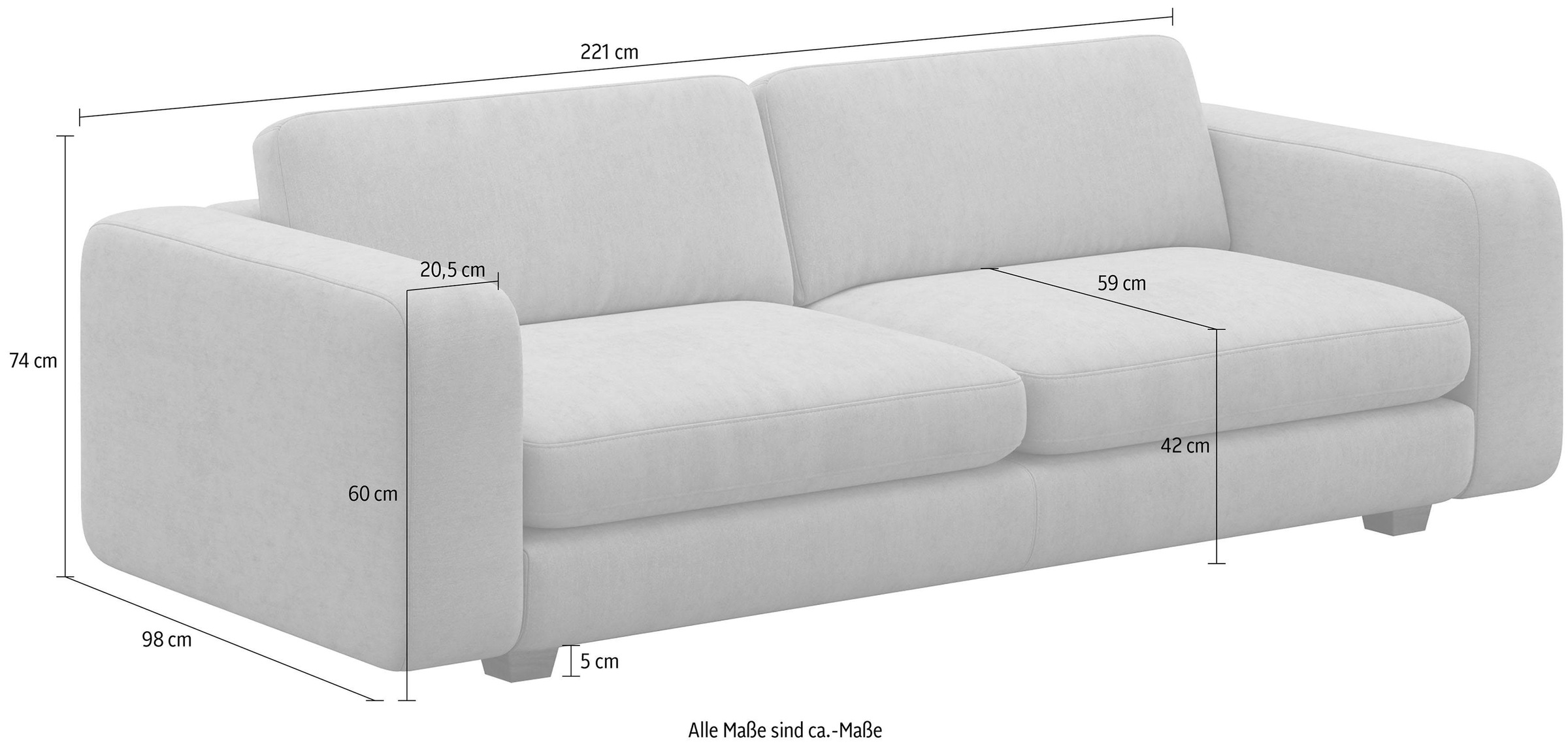 machalke® 3-Sitzer »valentino«, mit breiten Armlehnen, Füße Walnuss, Breite 221 cm