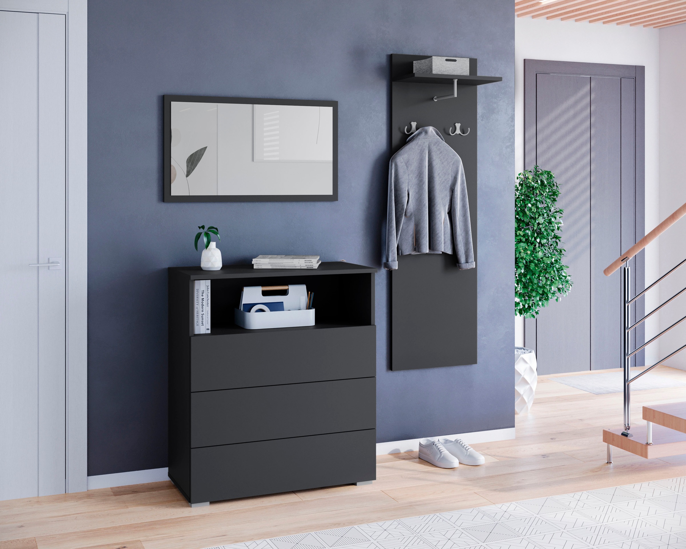 Garderoben-Set INOSIGN, B:140cm H:130cm T:35cm, schwarz, Flur, Kastenmöbel-Sets, "PARIS/ TOKYO", Garderoben- Set Breite 140cm, hochkant oder quer