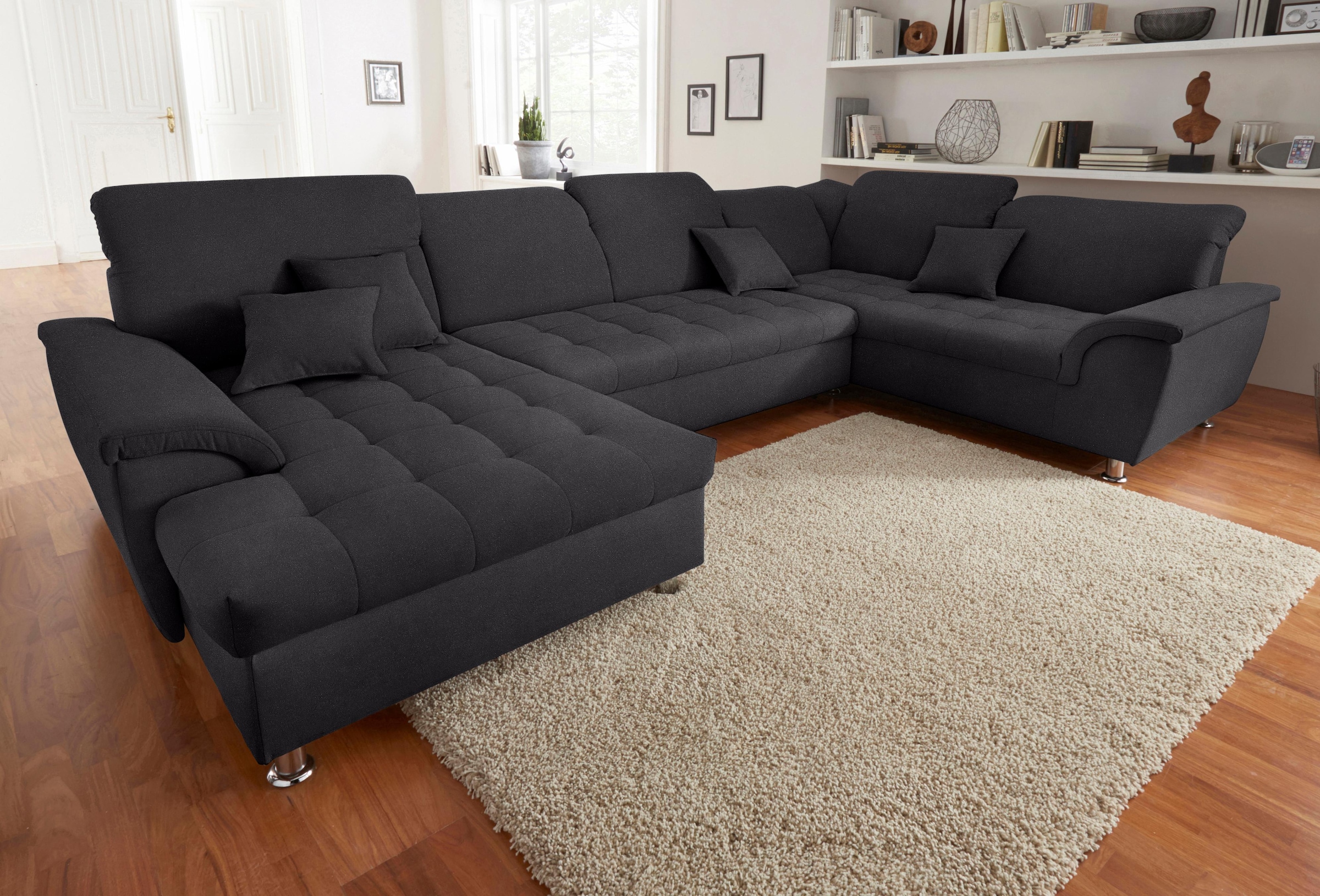 DOMO collection Wohnlandschaft "FRANZI optional mit Bettfunktion, Bettkasten & Kopfteilverstellung" XXL-Sofa, Recamiere links, graphite, B/T: 352/214 cm