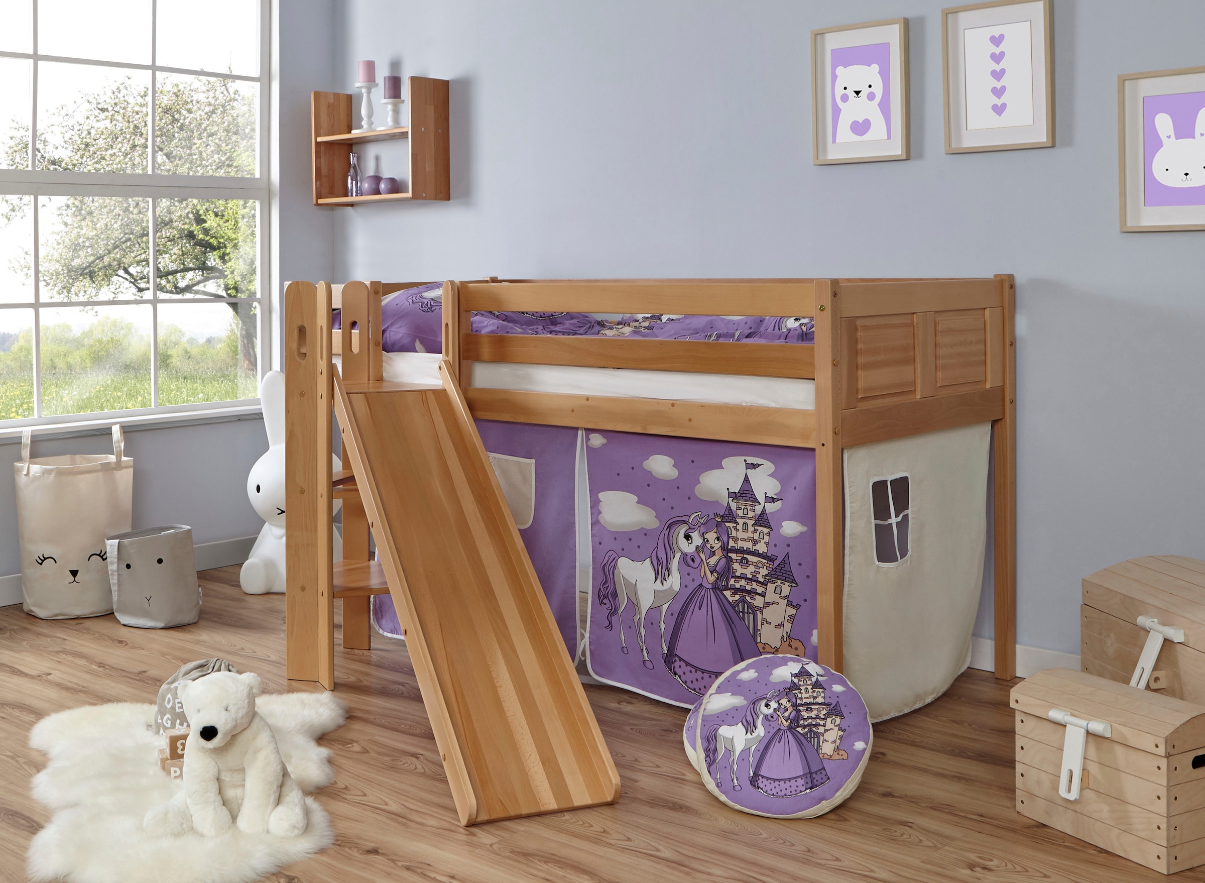 Hochbett TICAA, B:179cm H:113cm L:205cm, lila, Jugendzimmer, Hochbetten, "Ekki", mit Rollrost und Textil-Set wahlweise mit Matratze, Buche
