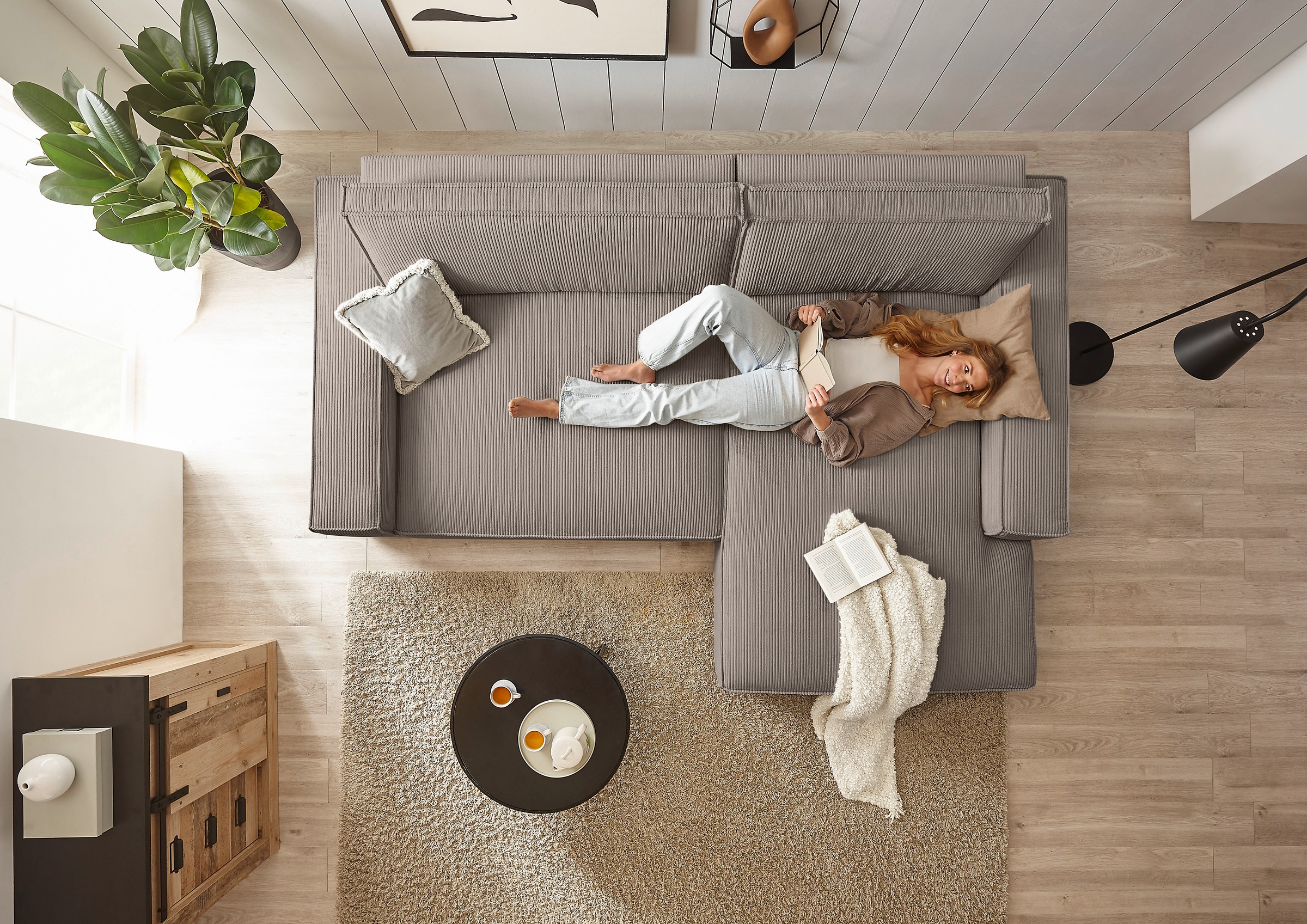 OTTO home Ecksofa »NEU: SHERWOOD XXL 284, Big-Sofa L-Form, tiefe Sitzfläche 95 cm, Cord« Recamiere rechts/links, als Schlafsofa stellbar, Cord u. Leinenoptik
