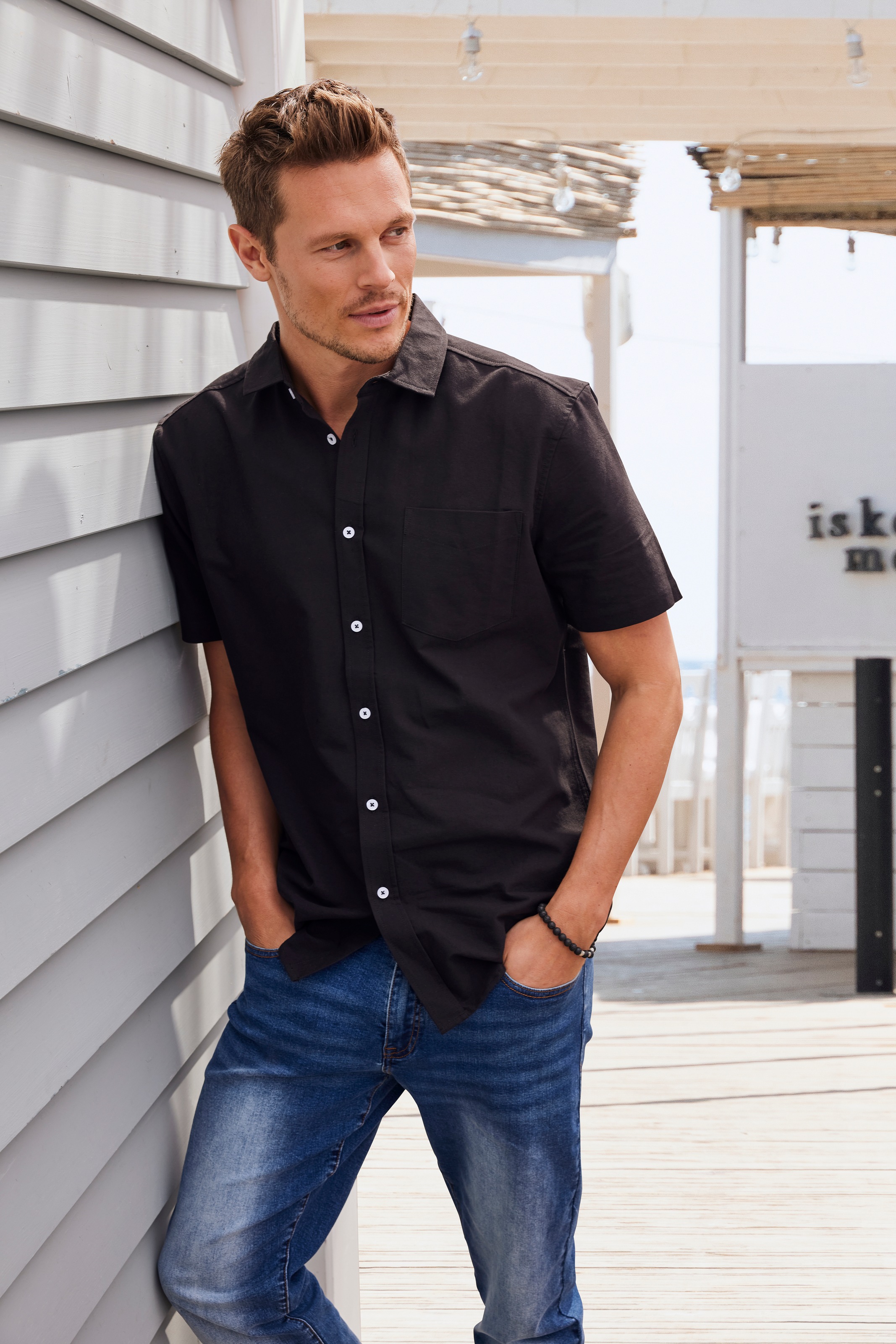 H.I.S Men's Short Sleeve Shirt Black Size S 3