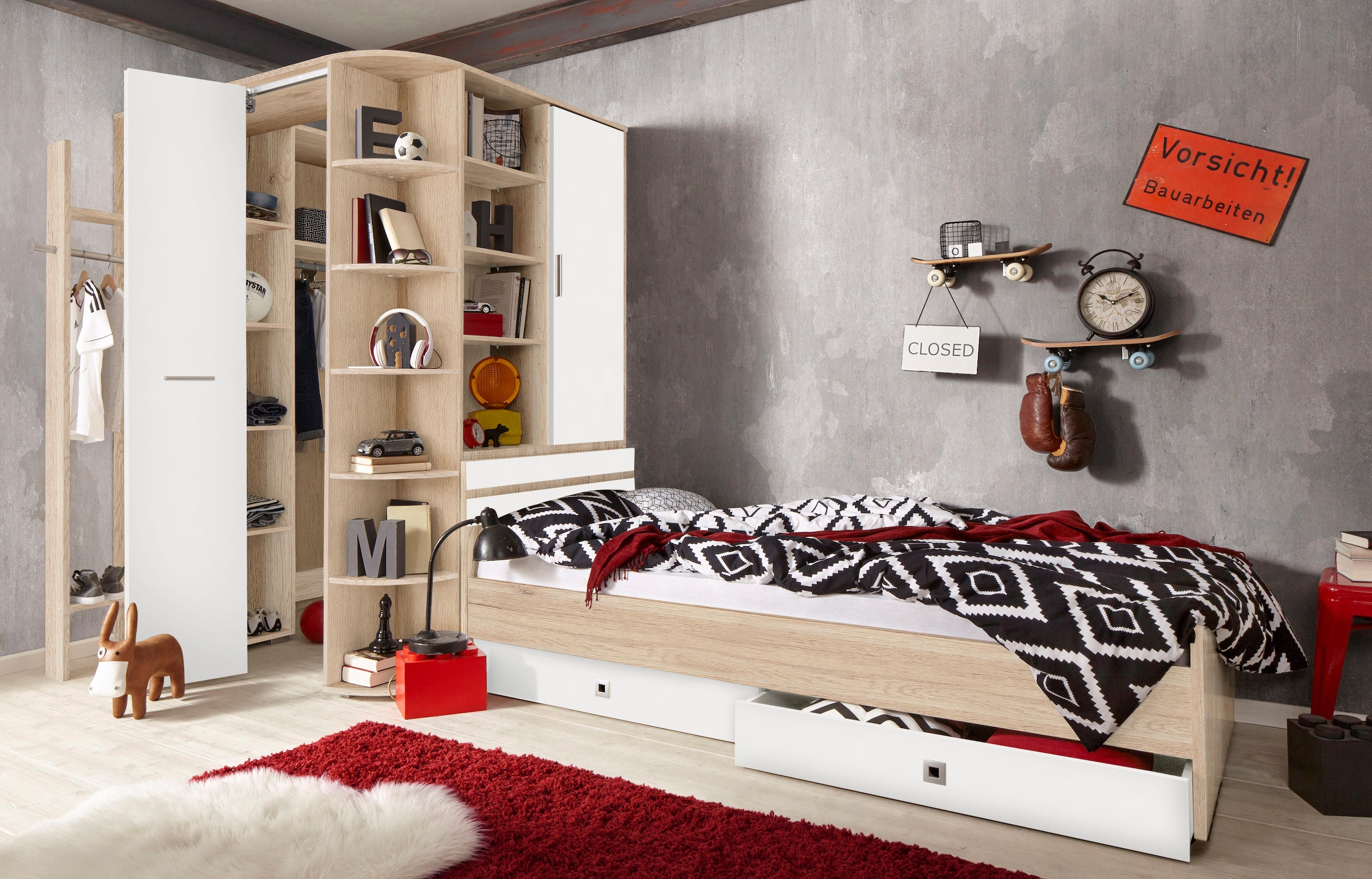 Wimex Jugendzimmer-Set "Joker Kleiderschrank mit Garderobe, Bett und Stauraumschubladen", (Set, 4 tlg.)