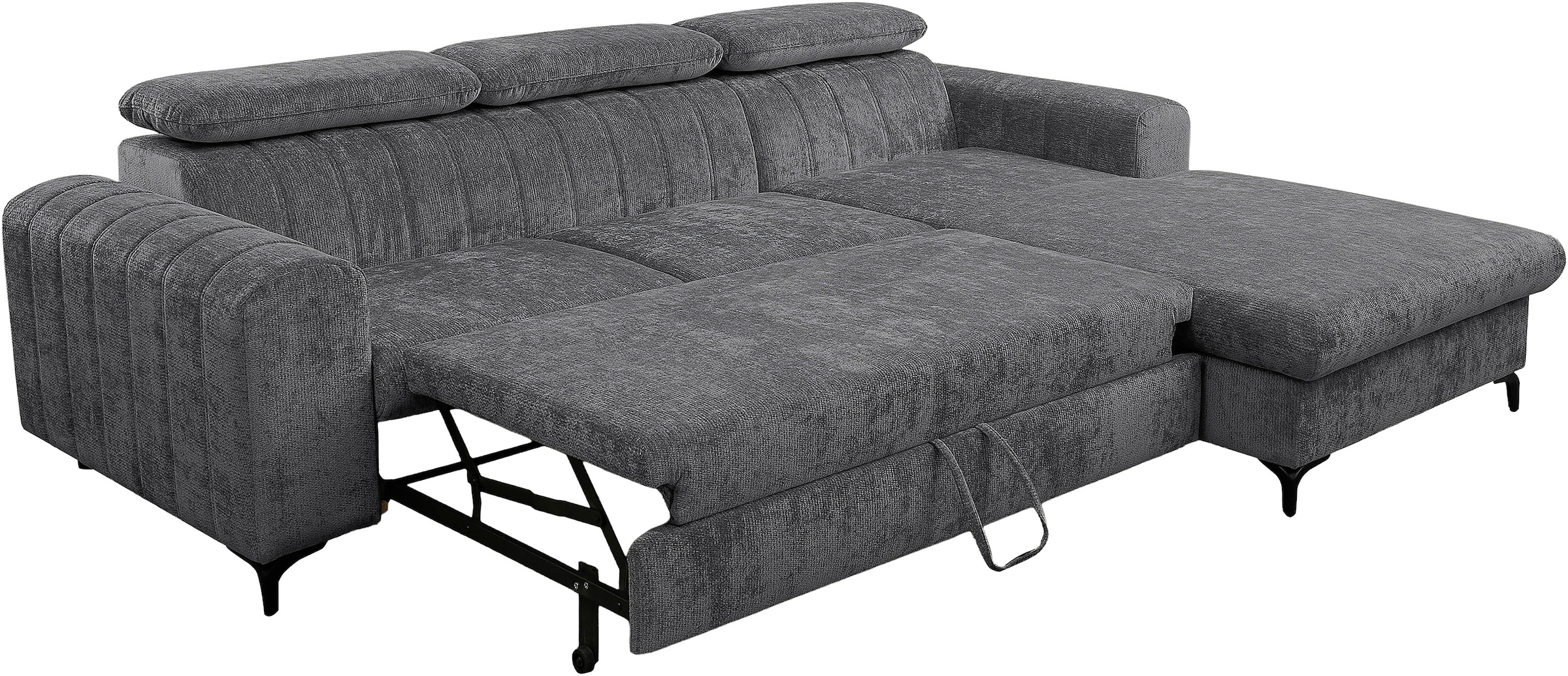 WERK2 Ecksofa »Foster inkl. Schlaffunktion & Bettkasten, bodenfrei, Chenille, bequem« 3 verstellbare Kopfstützen & Pfeifensteppung im Retro-Look, L-Form