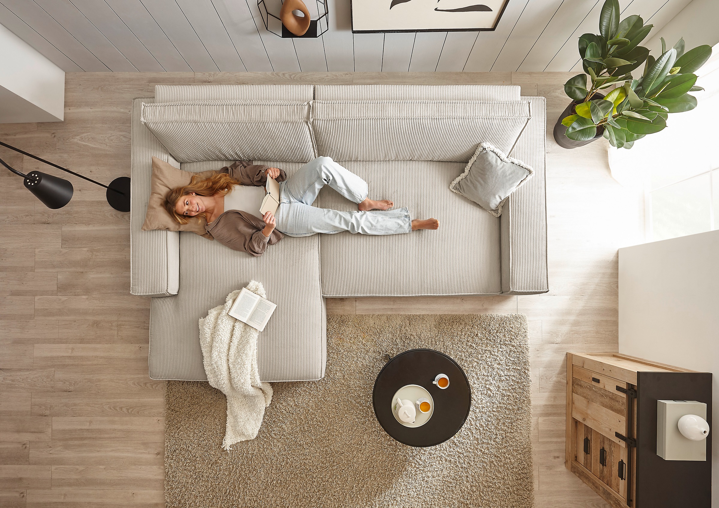 Home affaire Ecksofa »NEU: SHERWOODL XXL 284, Big-Sofa L-Form, tiefe Sitzfläche 95 cm, Cord,«, Leinenoptik, Recamiere rechts/links, auch als Schlafsofa stellbar