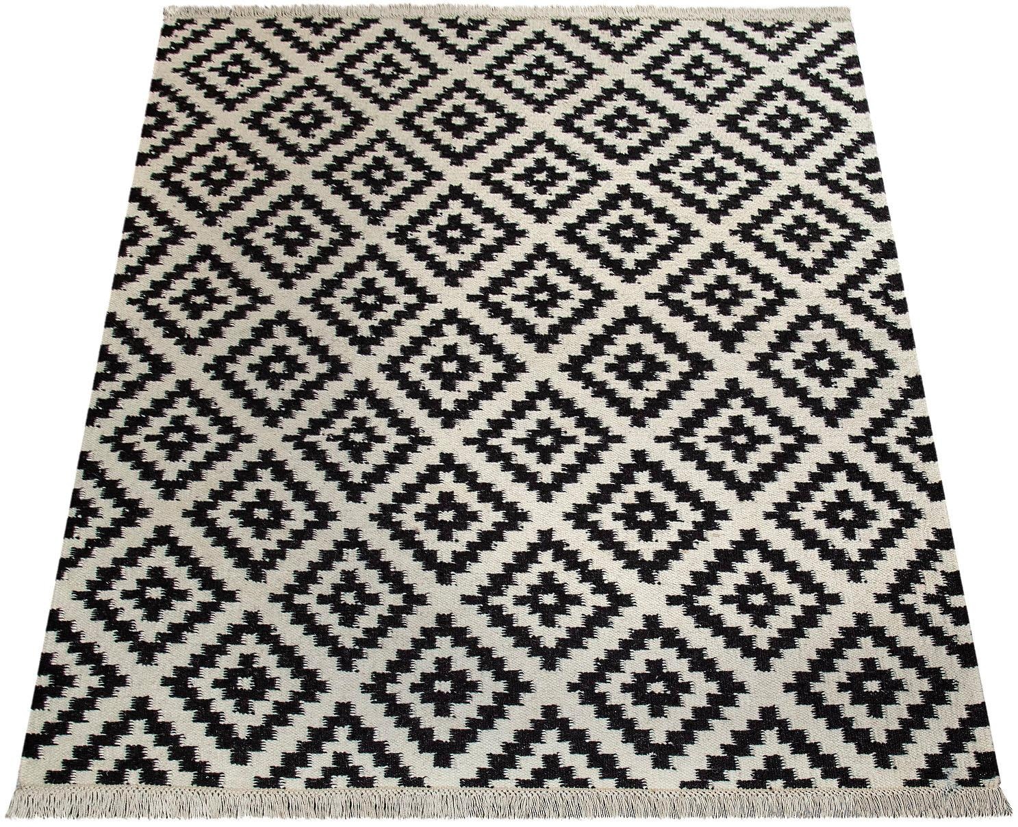 Paco Home Wollteppich »Kenitra 500«, rechteckig, 12 mm Höhe, Flachgewebe, reine Wolle, handgewebt, Rauten Design, mit Fransen
