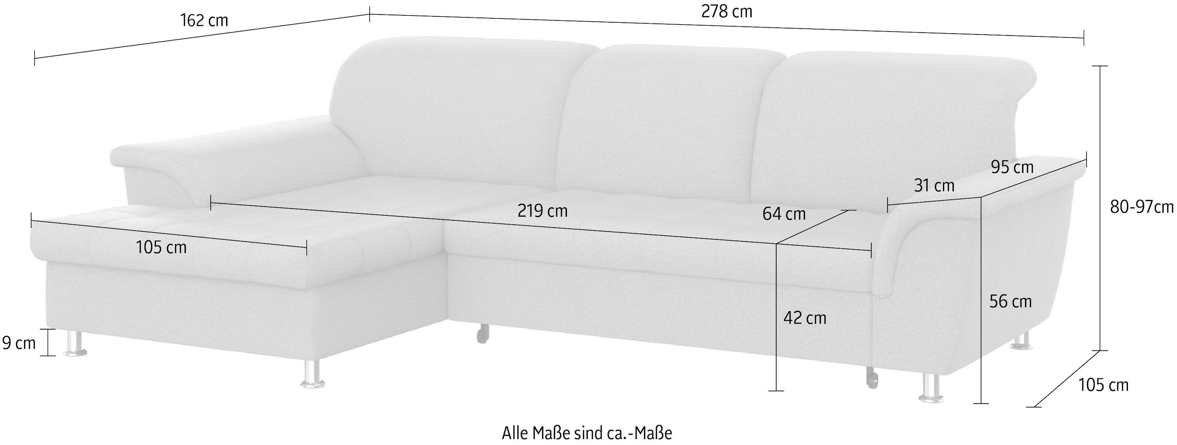 DOMO collection Ecksofa Franzi, wahlweise mit Bettfunktion, Bettkasten und Kopfteilverstellung