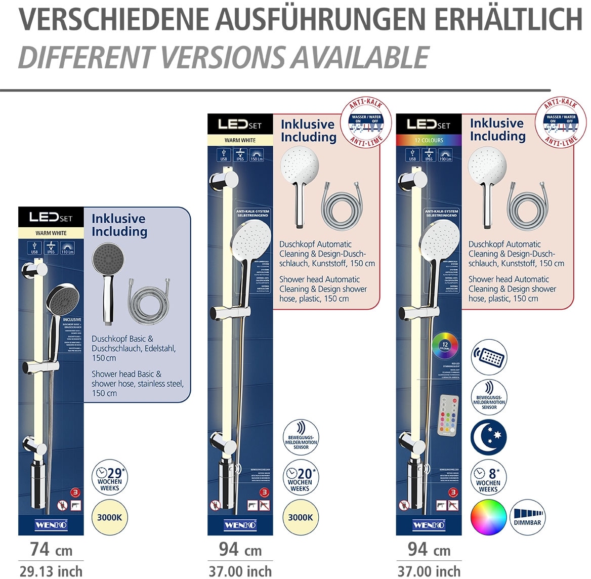 WENKO Duschstange »Brausestange mit LED Beleuchtung«, Länge: 74 cm, Warmweiß, inkl. wiederaufladbarer Einheit