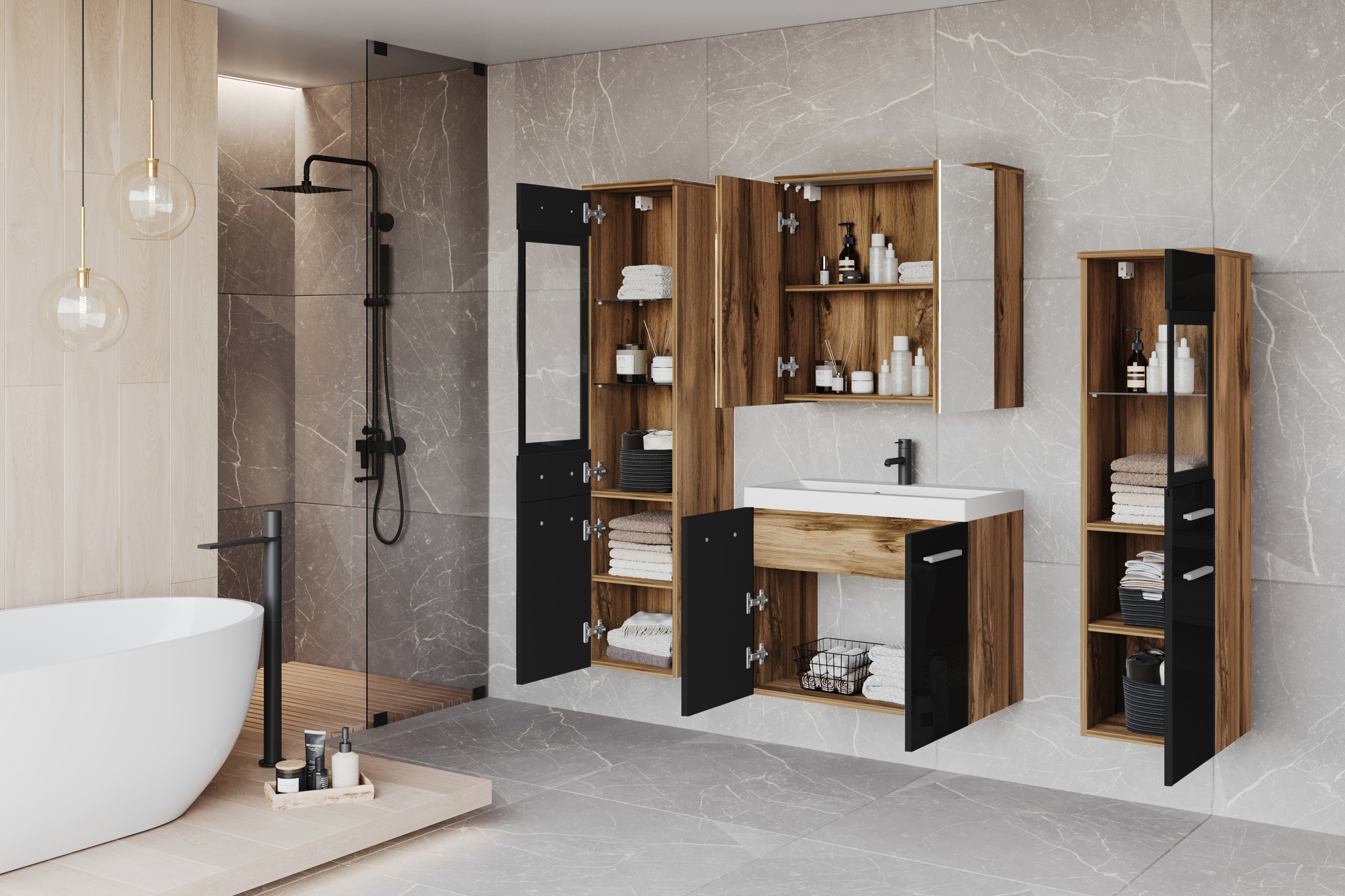 Thumbnail - welltime Badmöbel-Set "MADRIT II, Schrank mit Waschbecken, 2 Hänger, Spiegelschrank" Komplett-Set, 5 Stk. tlg.