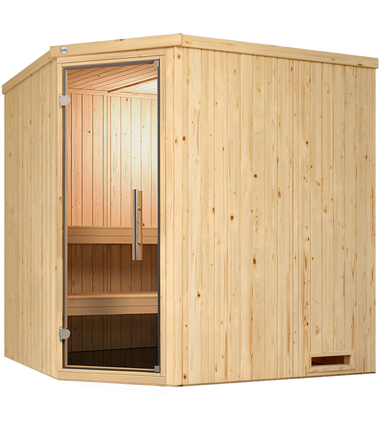 weka Sauna "Element-Ecksauna VARBERG 2", vorgefertigte Elemente, Eckeinstieg, moderne Ganzglastür