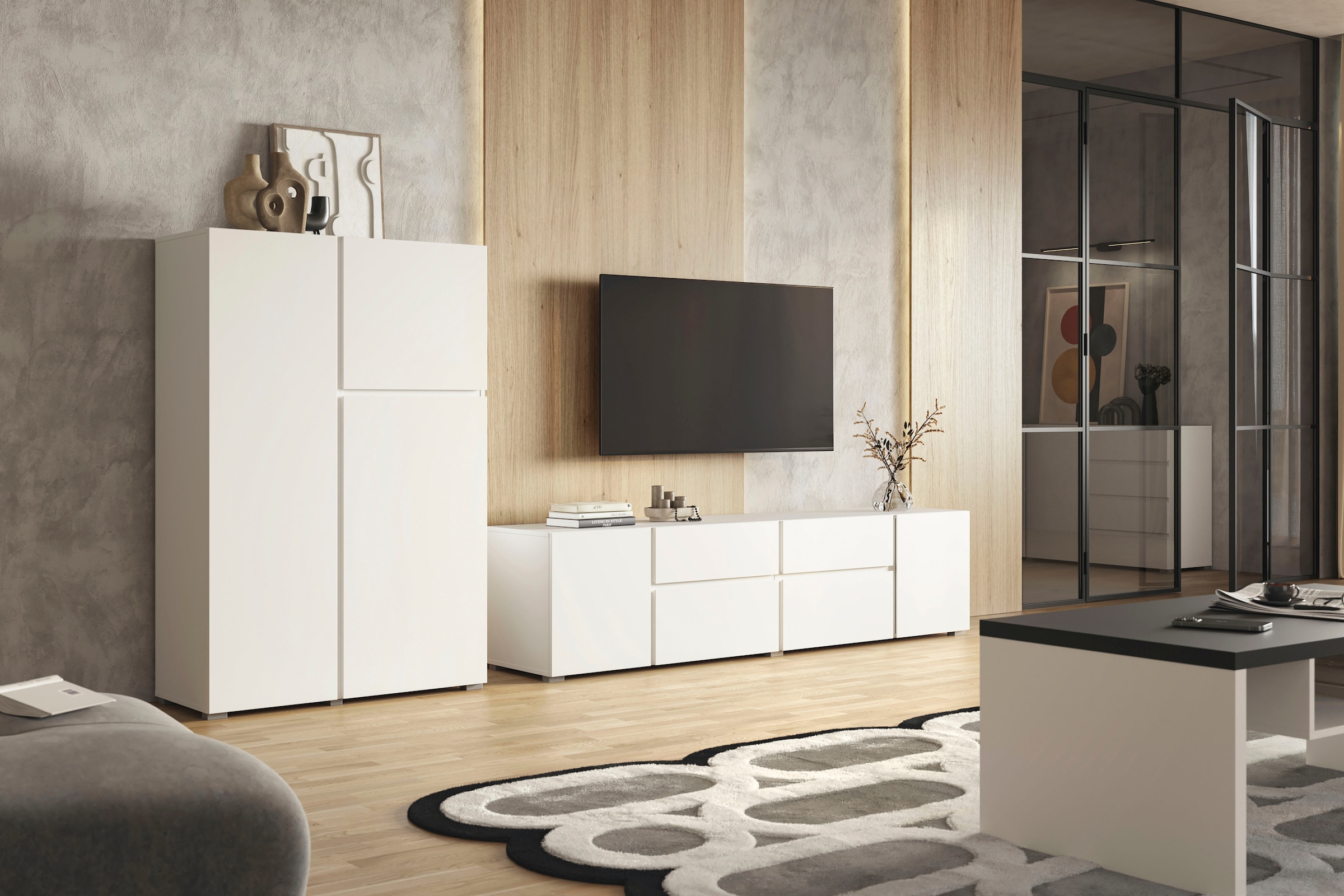 INOSIGN Highboard »Asymetric, Breite 92 cm, moderne grifflose Hochkommode mit 3 Türen«, Hochschrank mit viel Stauraum, Einlegeböden verstellbar, Türkommode