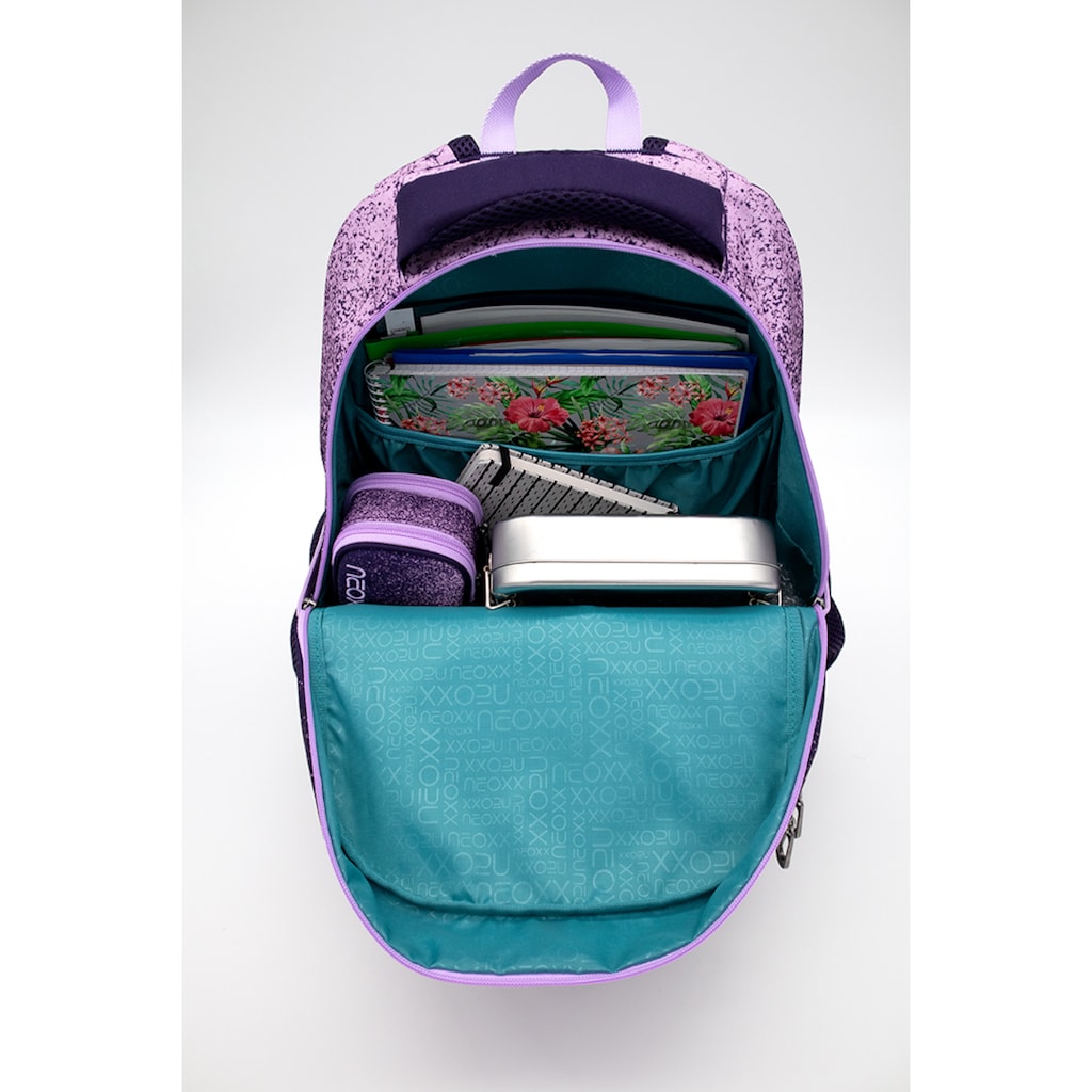 neoxx Schulrucksack »Fly, Glitterally perfect«, Reflektionsnaht, aus recycelten PET-Flaschen