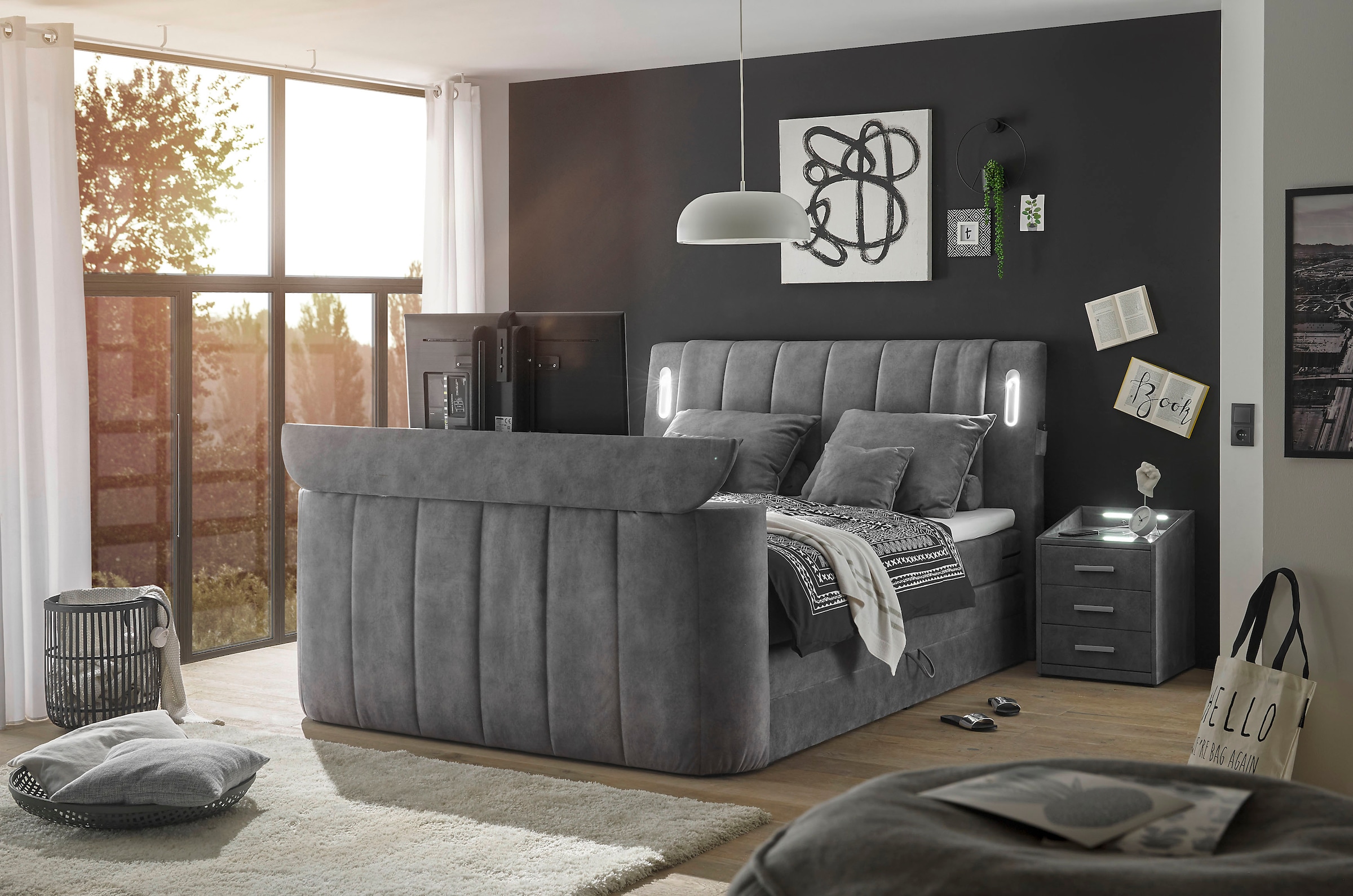 ED EXCITING DESIGN Boxspringbett "Dallas", inkl. Topper, LED-Beleuchtung, TV Halterung (bis 40 Zoll) und 2 Bettkästen