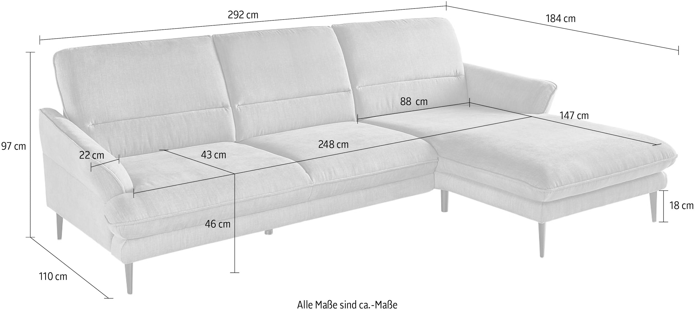 GALLERY M branded by Musterring Ecksofa »Lena, L-Form, wahlweise mit Funktion, Kaltschaum oder Federkern«, verschiedene Farben, Alufuß schwarz, zwei Sitzhöhen, B 292 x T 184 cm