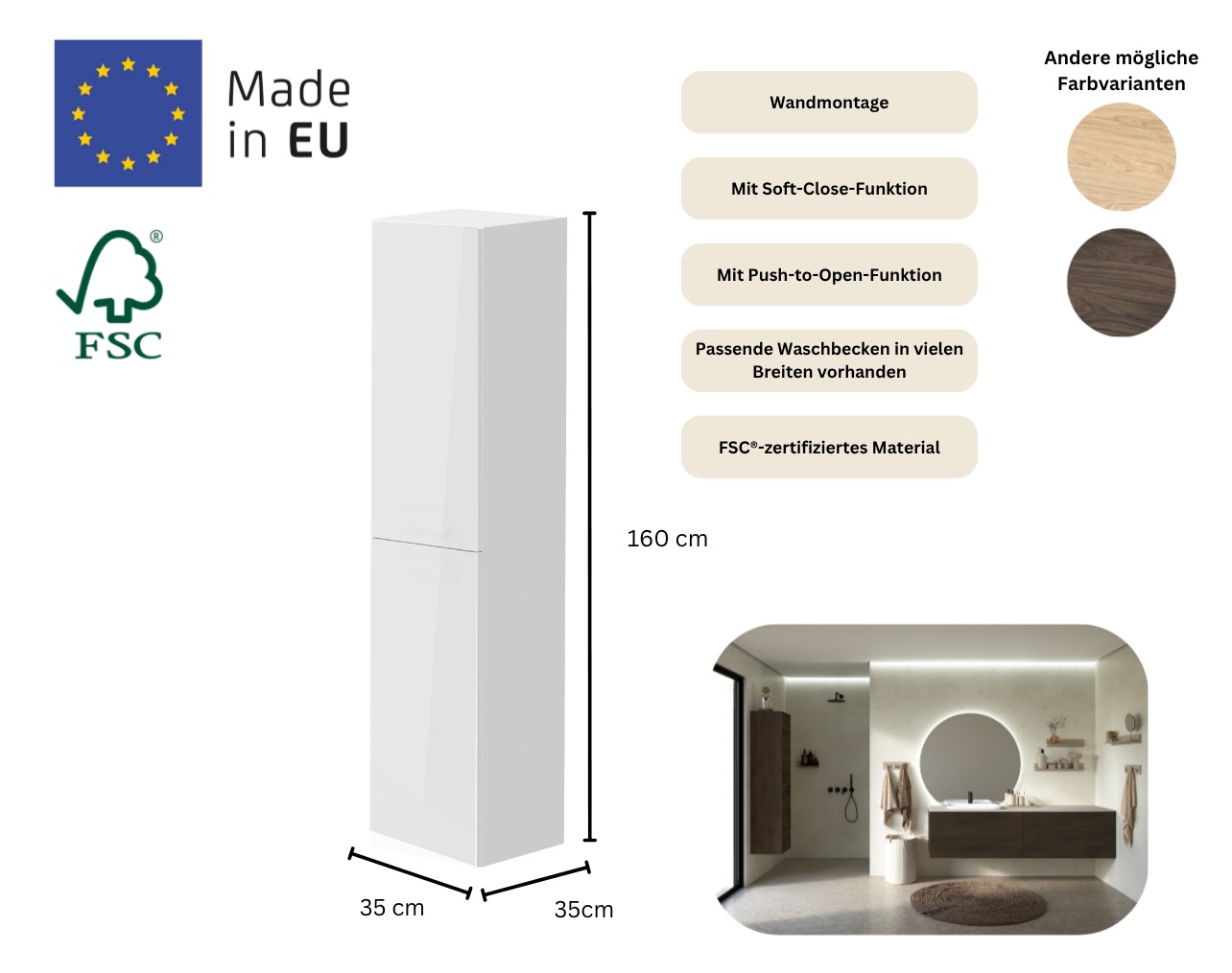 welltime Hochschrank "Gama" Breite 35 cm, Höhe 160 cm, FSC zertifiziert günstig online kaufen