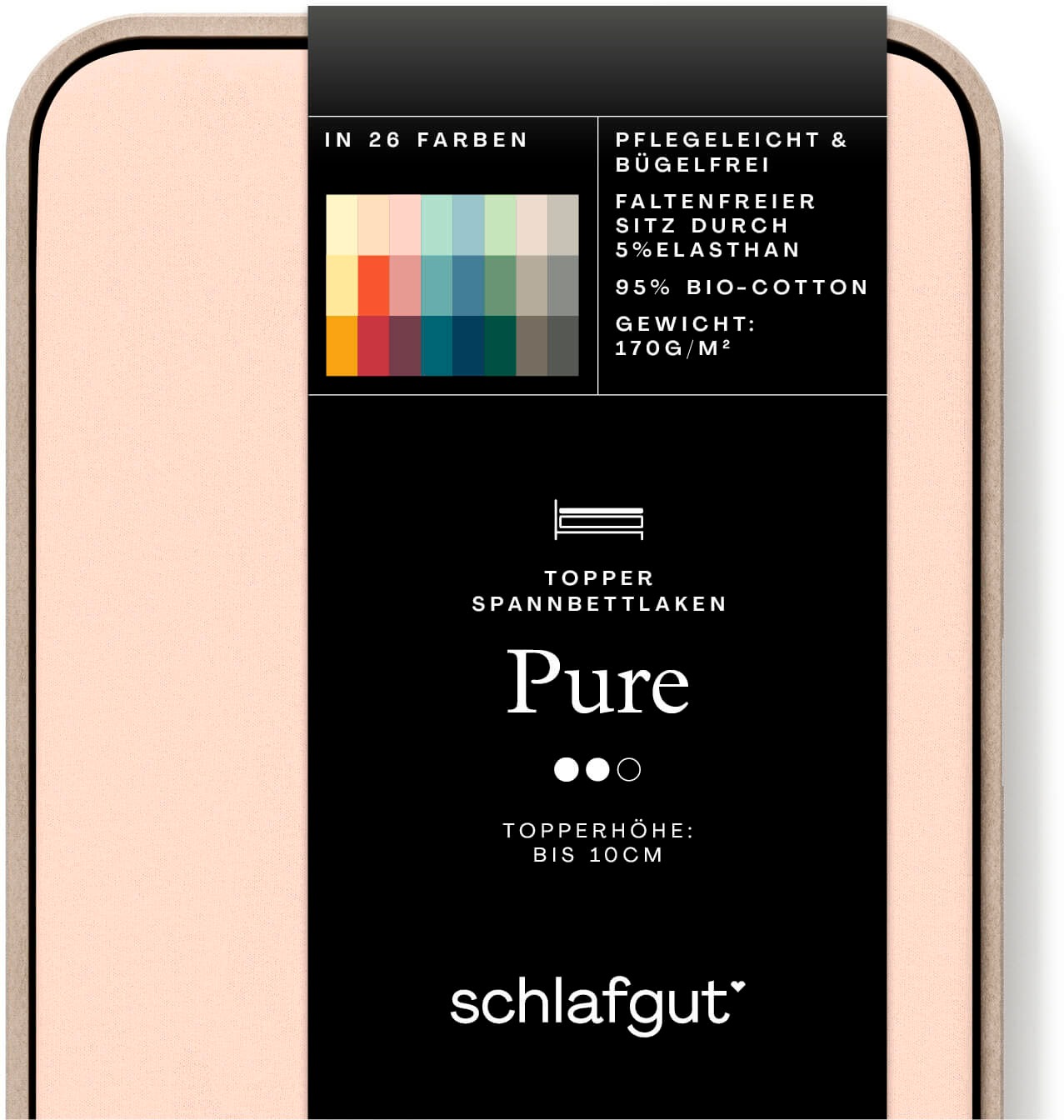Schlafgut Spannbettlaken "PURE TOPPER Bio-Baumwolle mit Elasthan 170 g/m² für Topper bis 10 cm" PREMIUM Laken für Matratzen bis 10 cm Höhe, dehnbar, blickdicht