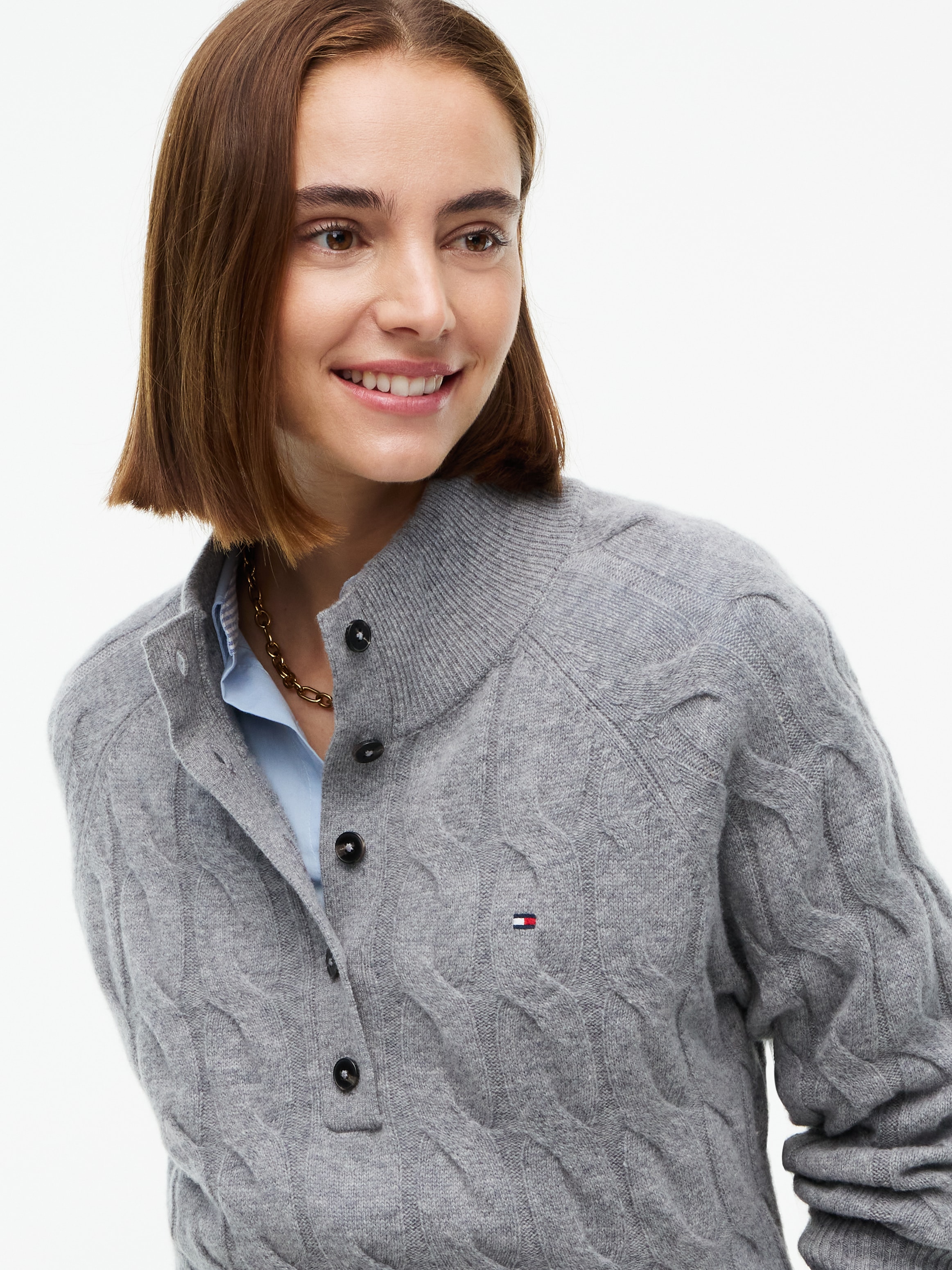 Tommy Hilfiger Strickpullover »SOFT WOOL CABLE MK-NK HENLEY« Wolle, mit Zopfmuster