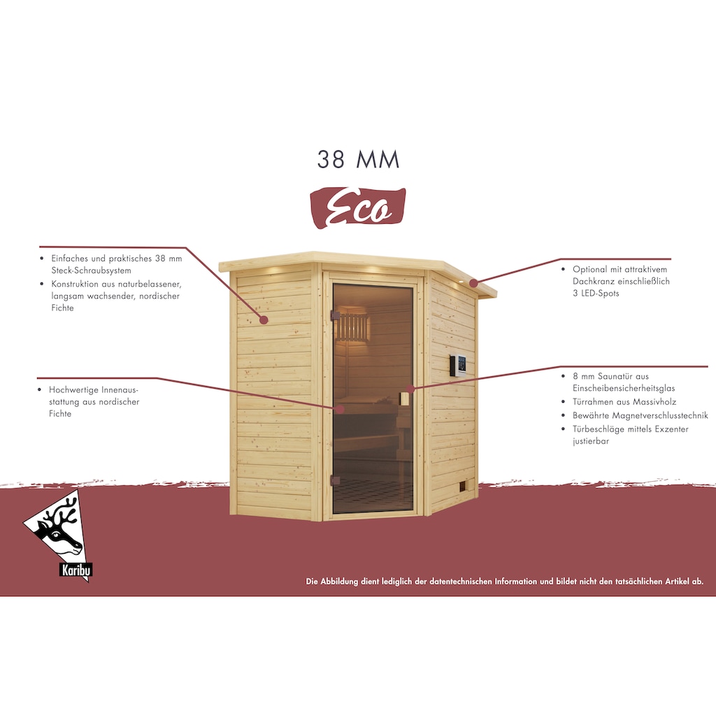 Karibu Sauna »"Leona" mit Kranz und bronzierter Tür naturbelassen«, aus hochwertiger nordischer Fichte