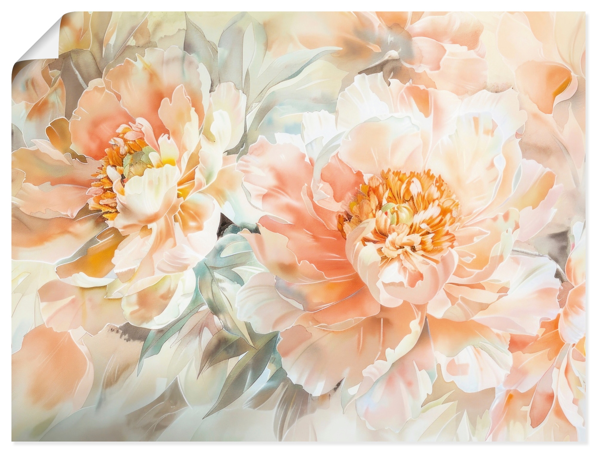 Artland Wandbild "Pfirsisch Farbene Pfingstrosen Aquarell" Blumenbilder 1 Stk. tlg. als Alubild, Leinwandbild, Poster, Wandaufkleber in verschied. Größen