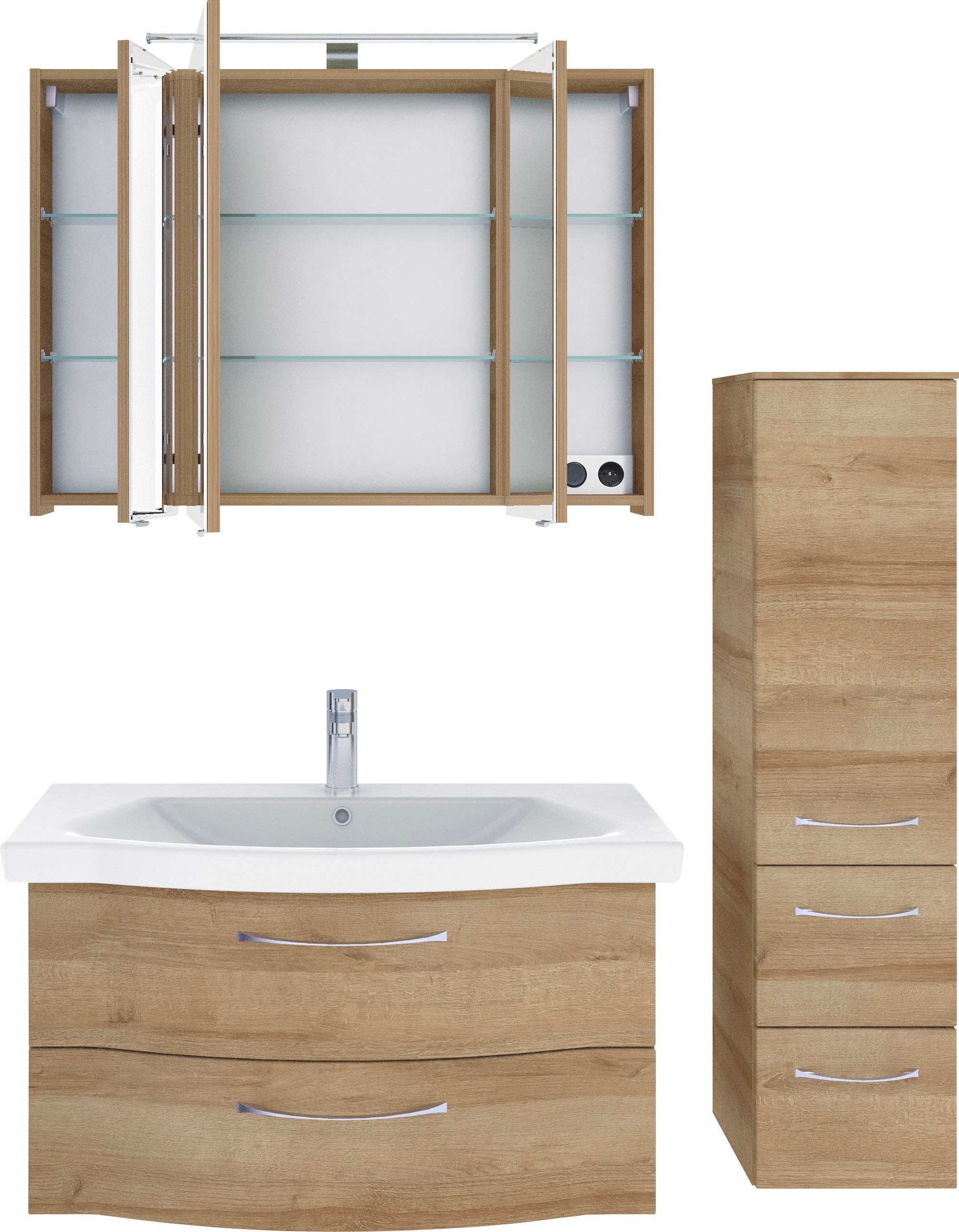 Saphir Badmöbel-Set »6005 Sprint 3-teilig, Keramik-Waschtisch mit LED-Spiegelschrank«, (4 St.), Midischrank, inkl. Türdämpfer, 4 Türen, 4 Schubladen, Bad-Set