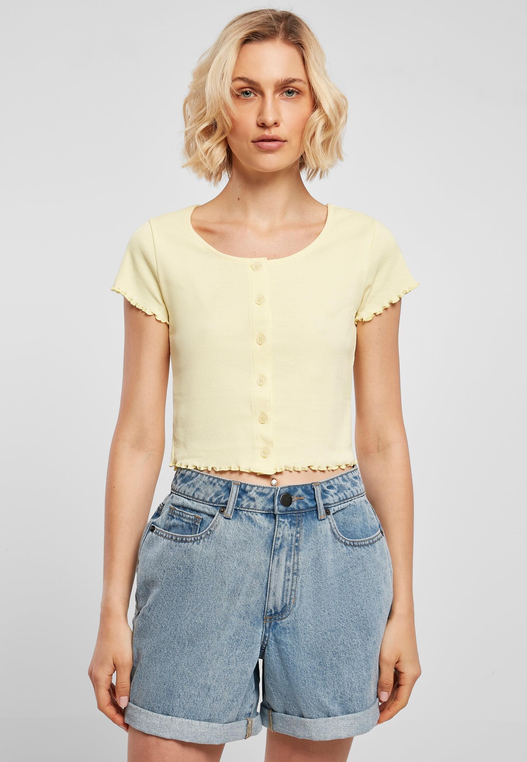 URBAN CLASSICS Kurzarmshirt »Urban Classics Damen Ladies Cropped Button Up Rib Tee«, (1 tlg.)