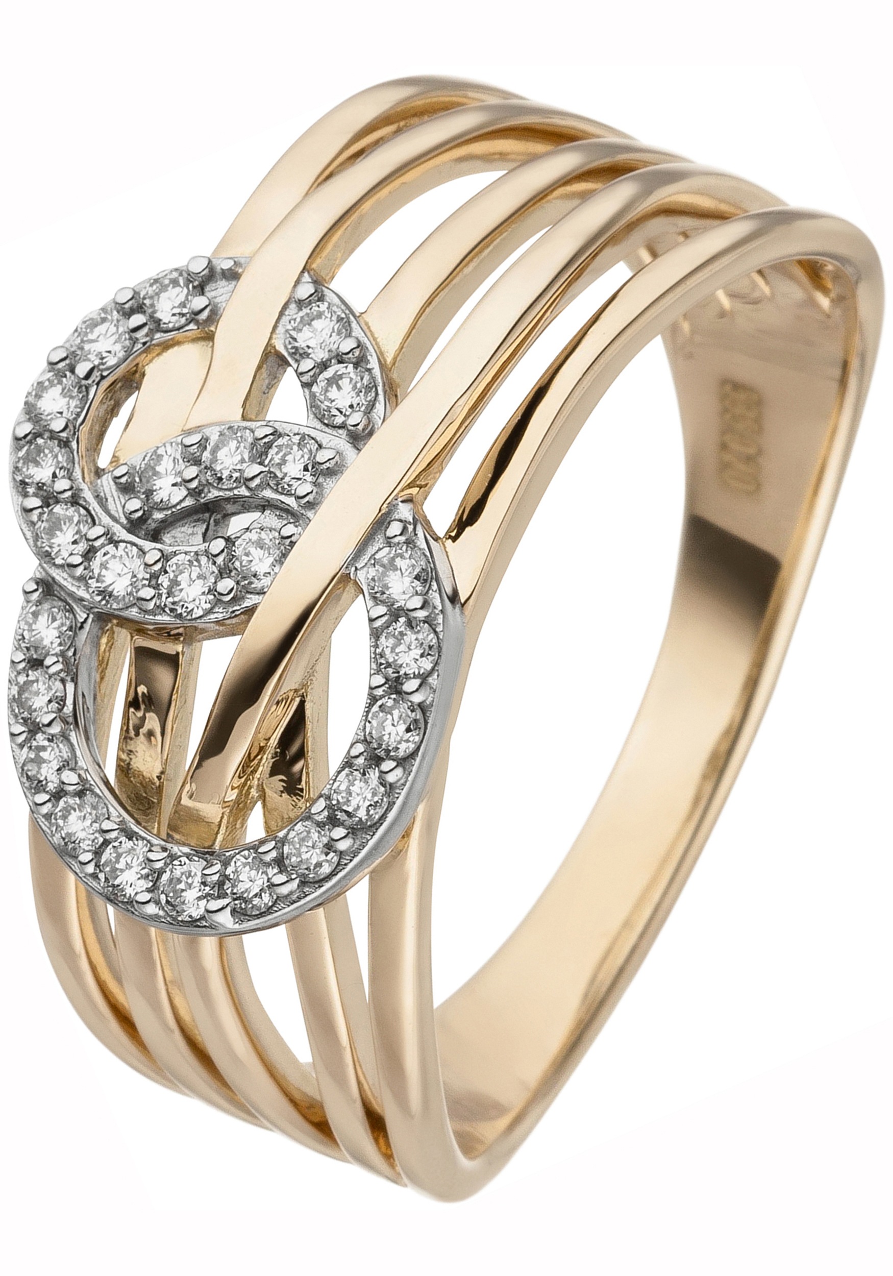 Fingerring JOBO Gr. 58, gelb (gelbgold 585), Fingerringe, Damen, 58, P1 = bei 10-facher Vergrößerung erkennbare Einschlüsse, Diamanten Gelbgold 585, Diamanten, Gelbgold 585, Fingerring, 585 Gold mit 25 Diamanten