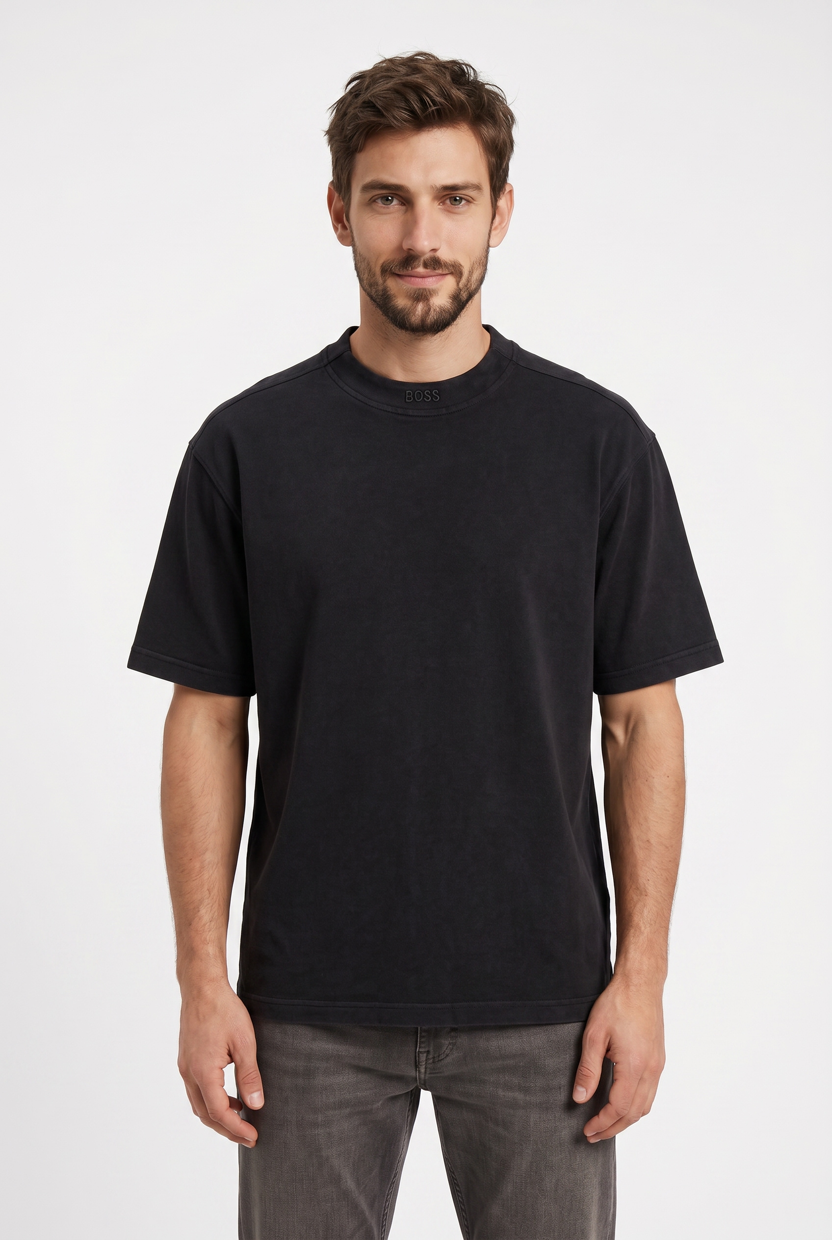 BOSS ORANGE T-Shirt "Te Dye Relaxed Fit" 100% Cotton Jersey Mock Neck Logo Centered
