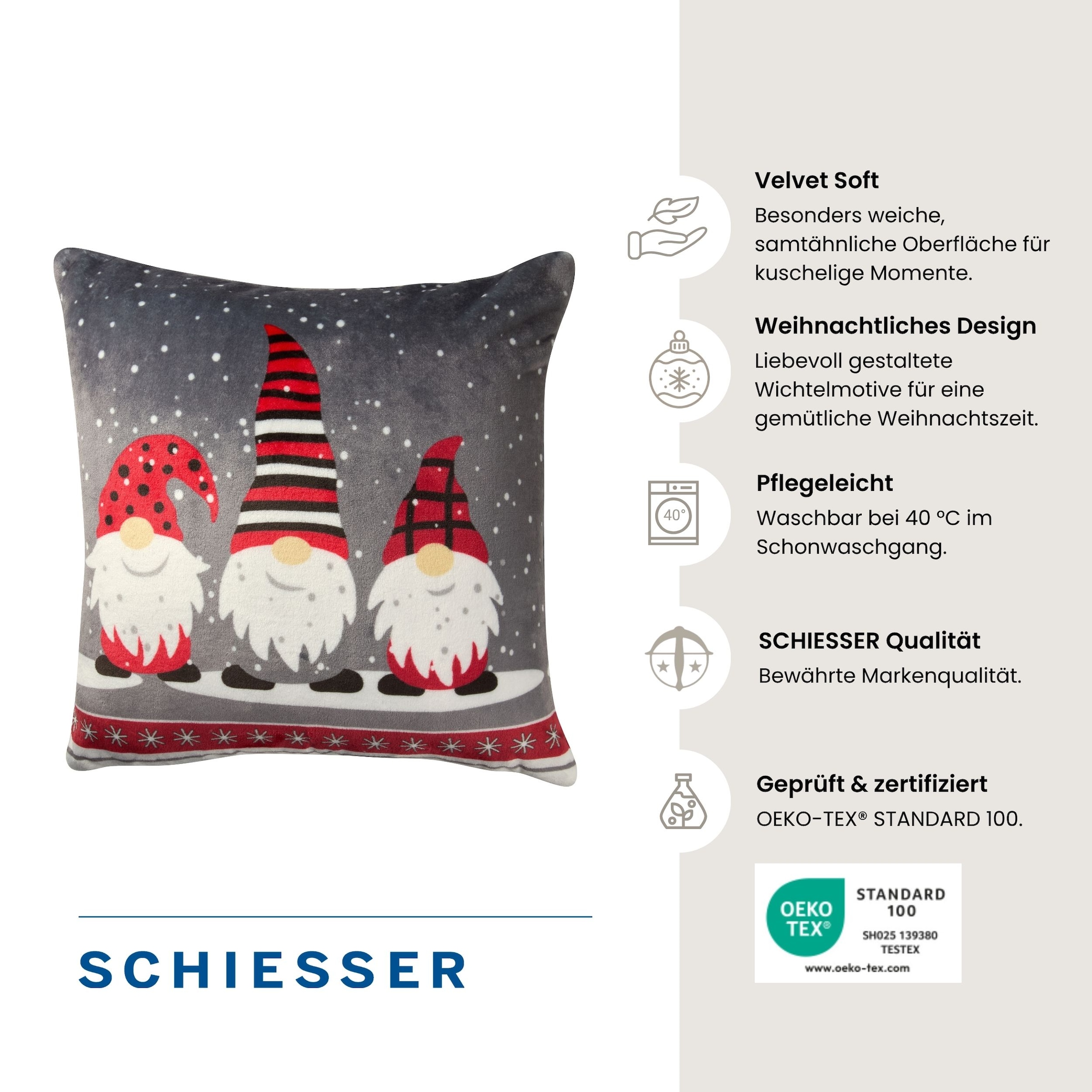 Schiesser Dekokissen »Dekokissen Wichtel, weiches Zierkissen mit weihnachtlichem Motiv« OEKO-TEX STANDARD 100