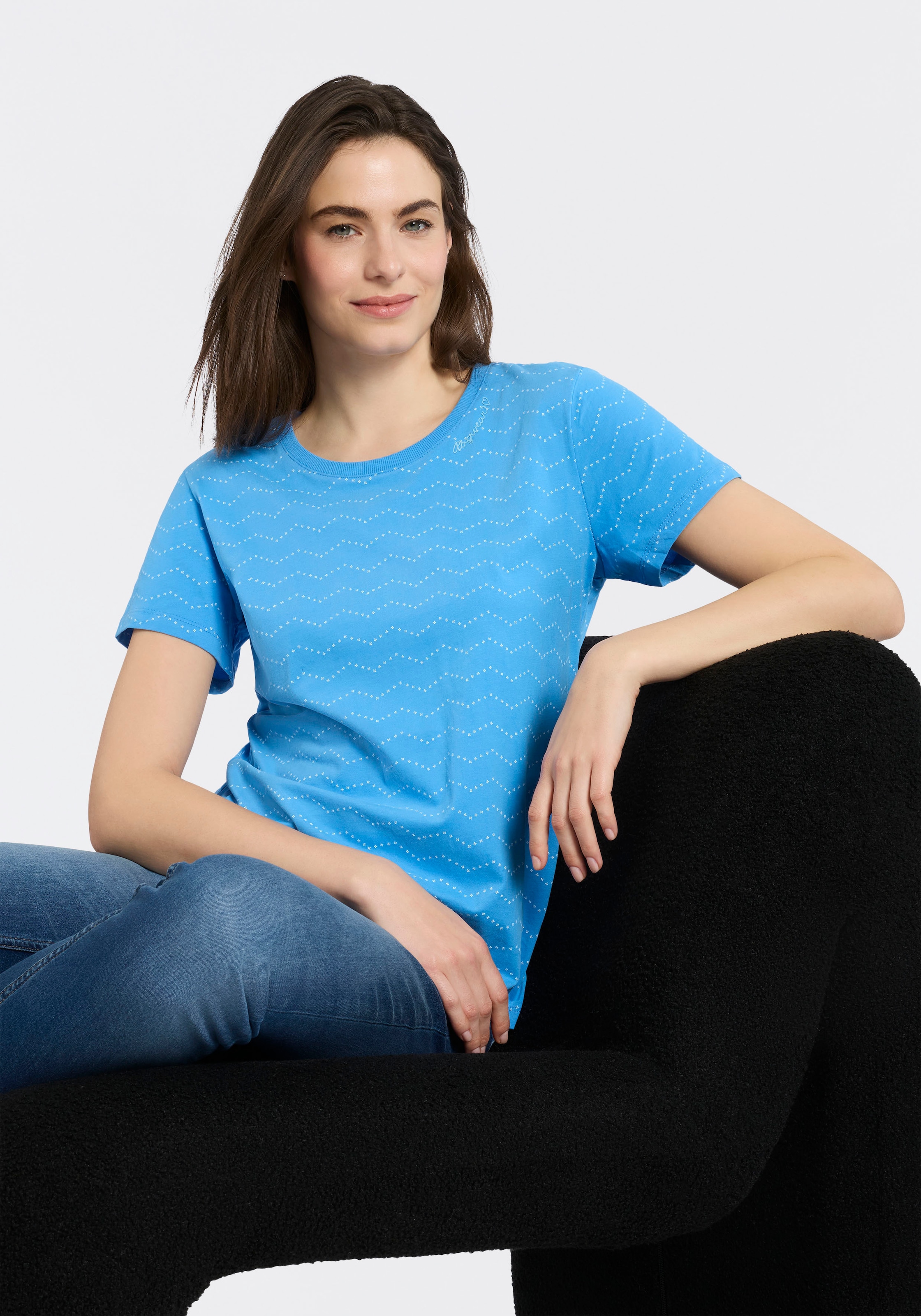 Kurzarmshirt RAGWEAR "MINTTA ZIG ZAG O", Damen, Gr. S, blau, Jersey, Obermaterial: 100% Baumwolle, bedruckt, normal, Rundhals, Shirts, mit Logoschriftzug