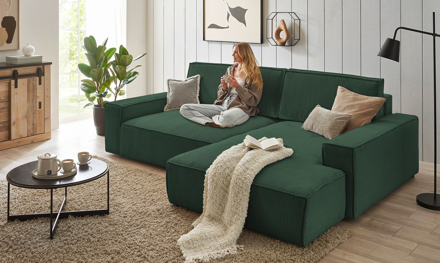 OTTO home Ecksofa "SHERWOOD XXL Cord 284, Big-Sofa L-Form, tiefe Sitzfläche 95 cm" Recamiere rechts/links, als Schlafsofa stellbar, Cord u. Leinenoptik