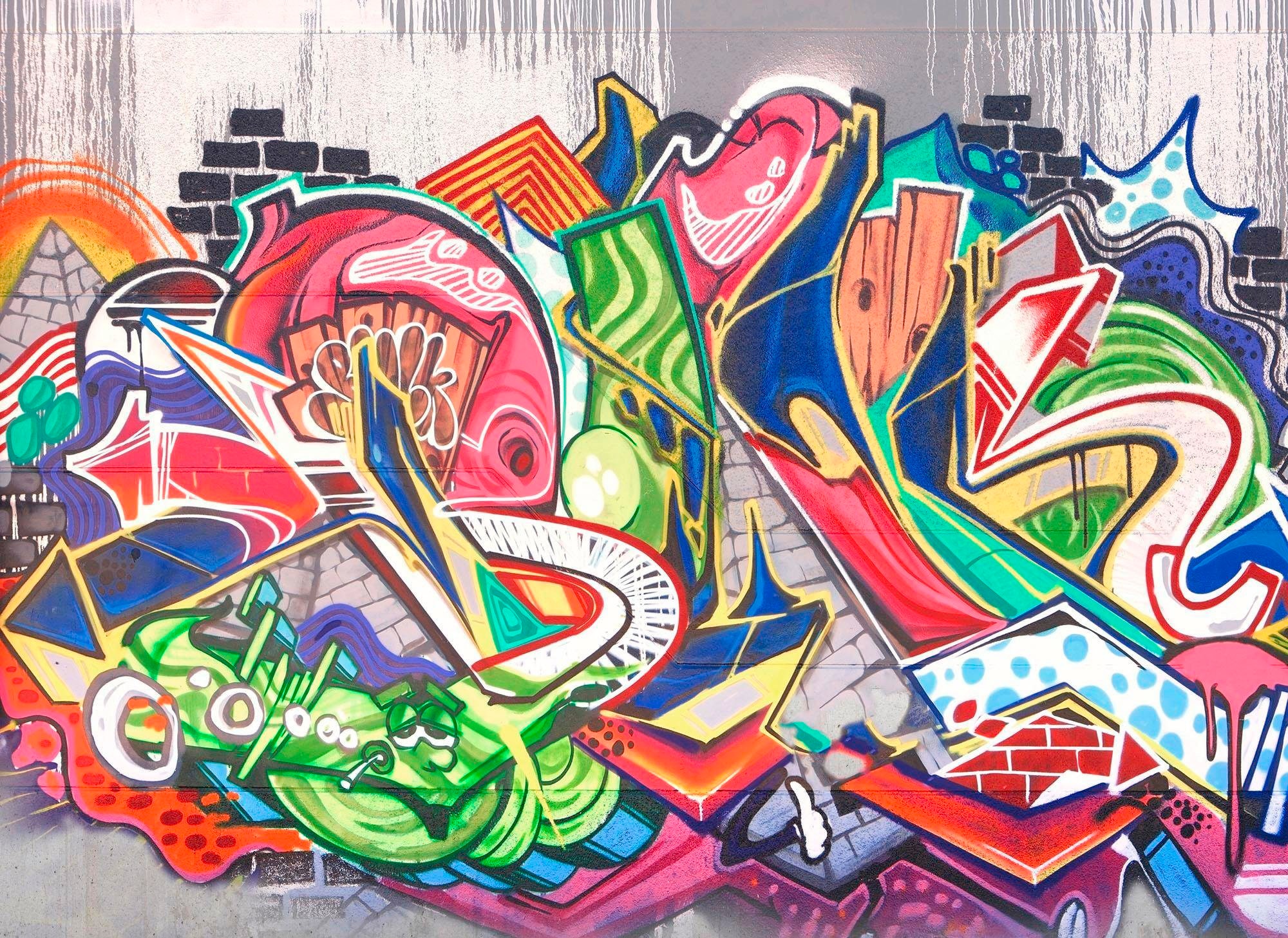 living walls Fototapete "Graffiti Vlies" glatt Fototapete Graffitiwand Betonoptik Bunt Grau 3,50 m x 2,55 m