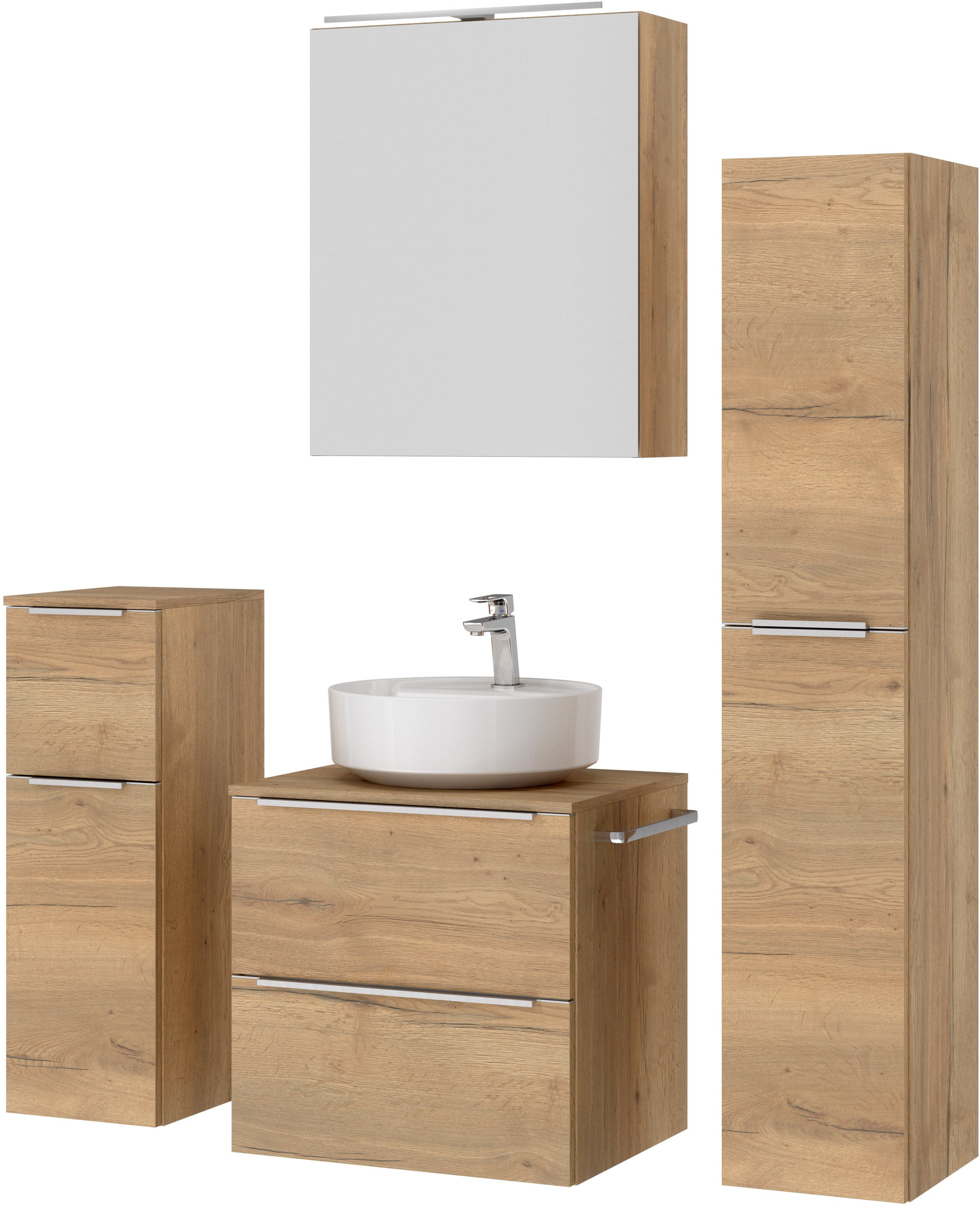 nobilia® Badmöbel-Set »Alvene«, (4 St., vormontiert, mit Soft-Close), inkl. Spiegelschrank mit Beleuchtung und Dimmerfunktion, in 4 Breiten