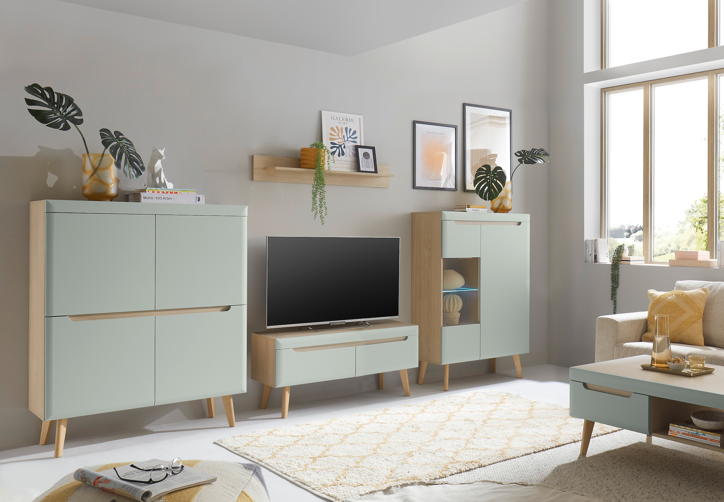 INOSIGN Wohnwand »Torge, Anbauwand, Schrankwand, Mediawand, Wohnzimmer-Set«, (Set, 4 St.), enthält 1 Vitrine, 1 Lowboard, 1 Highboard + 1 Wandboard, 344 cm breit