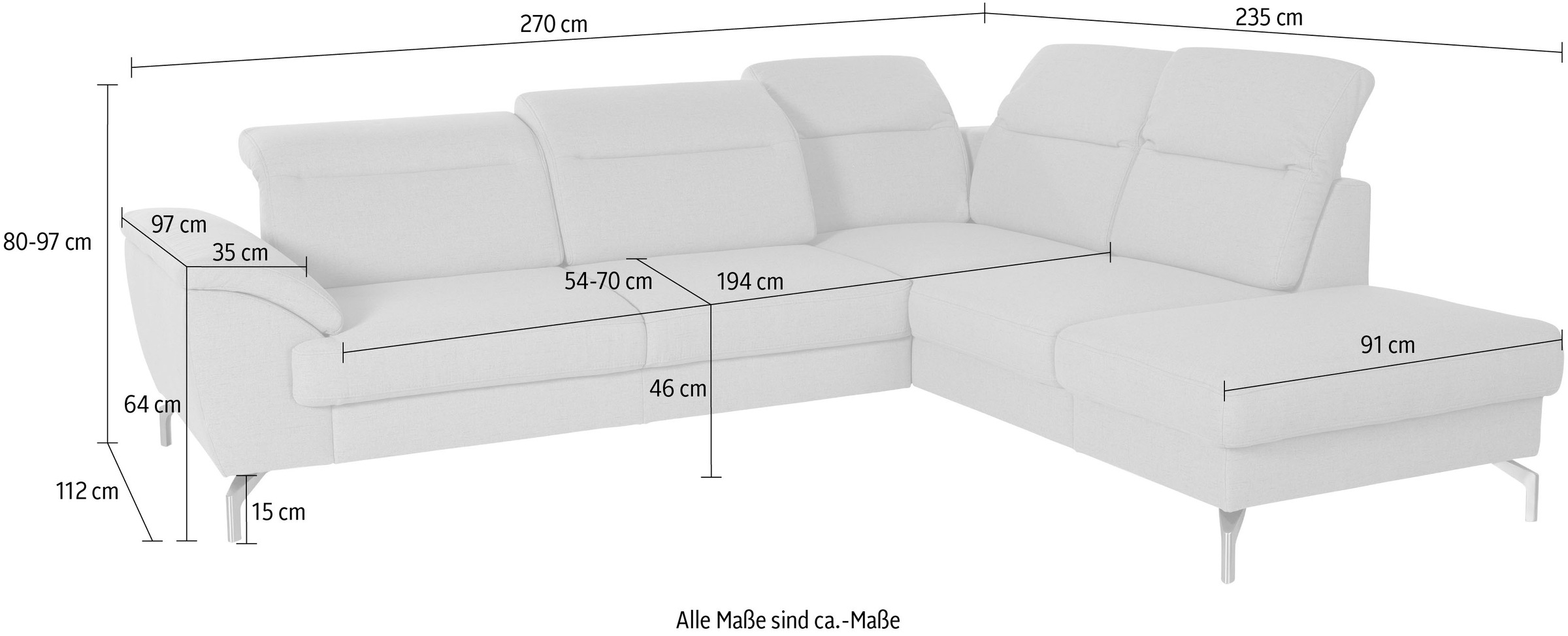 sit&more Ecksofa »Percy L-Form«, 15 cm Fußhöhe, Sitztiefenverstellung, wahlweise in 2 Fußfarben