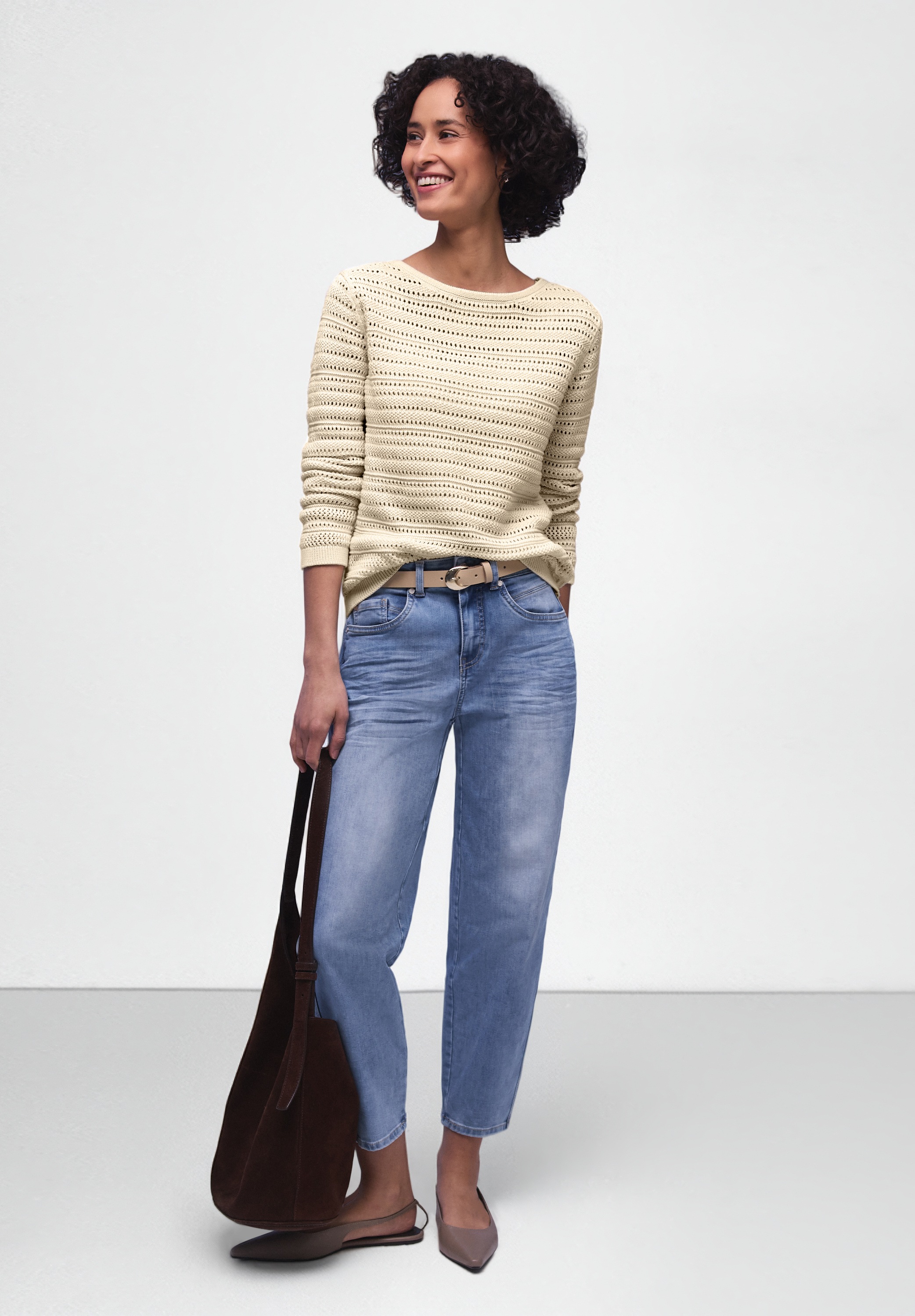 Strickpullover STREET ONE, Damen, Gr. 46, soft beige, Web, 100% Baumwolle, Strukturmuster, regular fit normal, U-Boot-Ausschnitt, Bündchen, Pullover Strickpullover, aus reiner Baumwolle 2