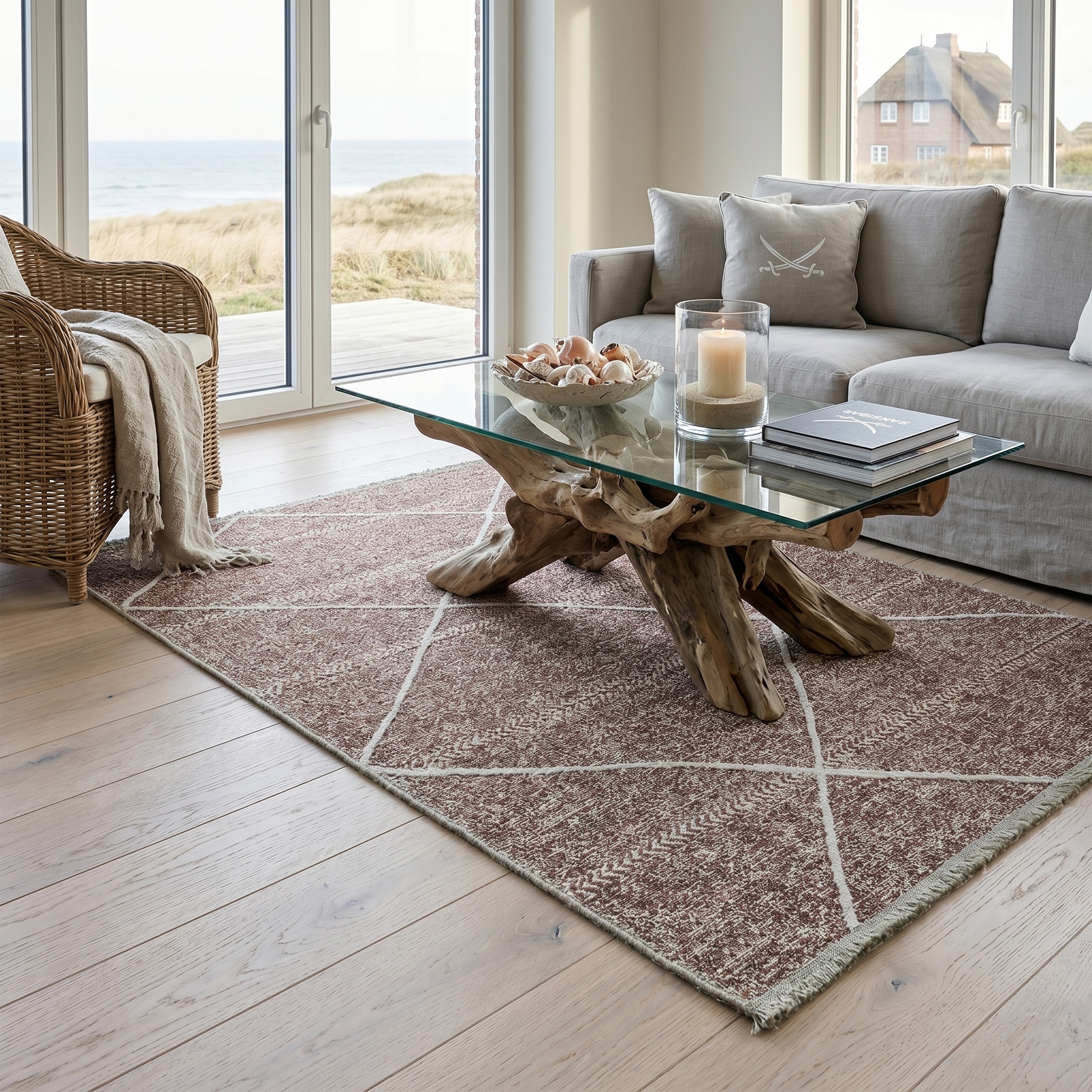 Sansibar Teppich "Braderup" rechteckig 2 mm Höhe Flachgewebe, modernes Scandi Design, Motiv Rauten, mit Fransen
