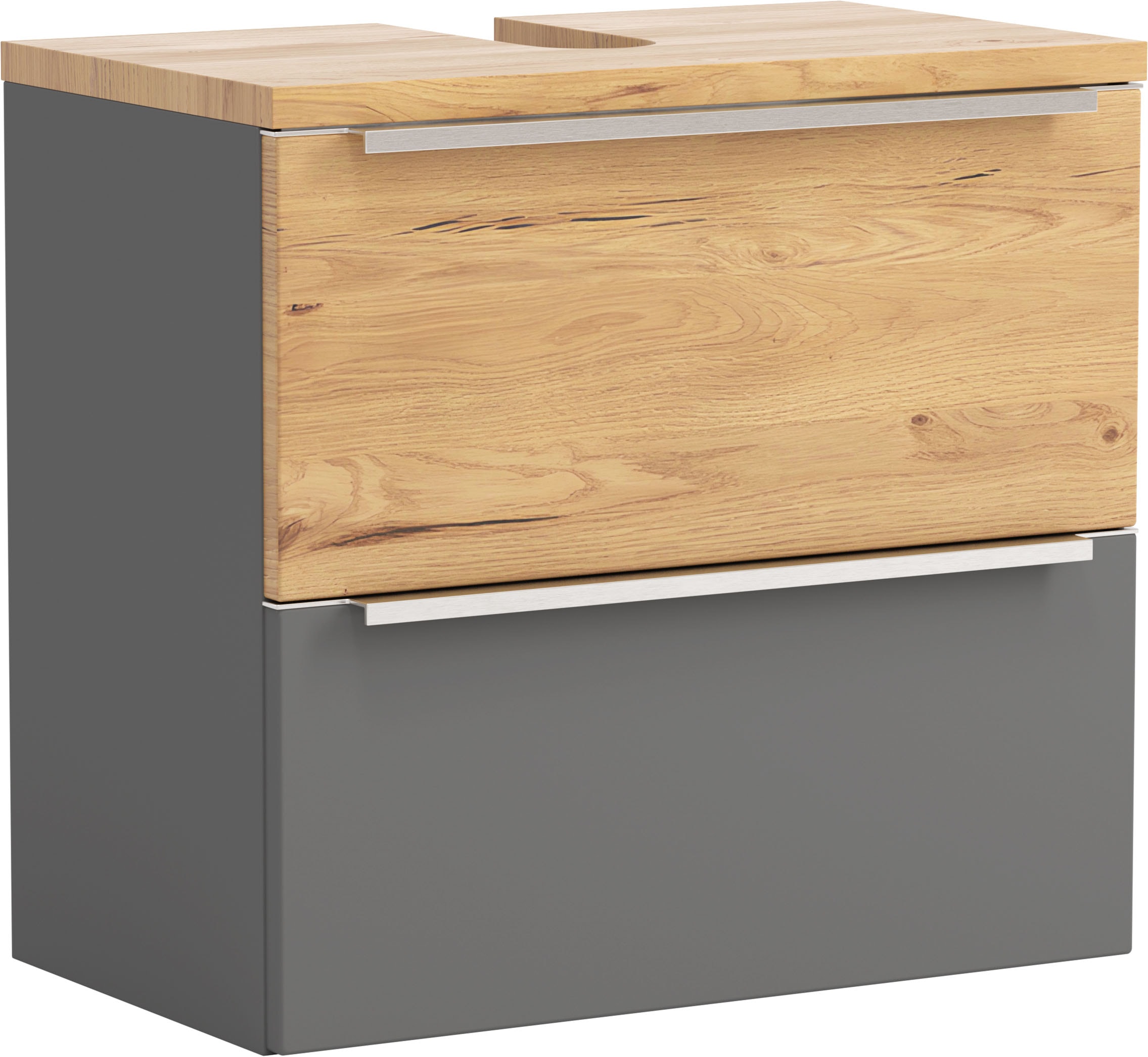 welltime Waschbeckenunterschrank "TRIENT Unterbeckenschrank 60 cm, Softclose und gedämpfte Scharniere" onyx-grey/Wildeiche, gedämpfte Scharniere und Softclose-Auszug