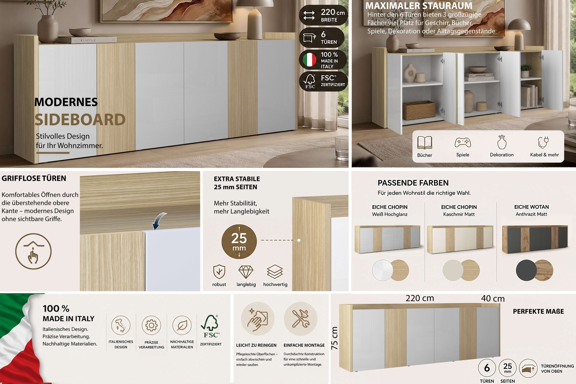 OTTO home Sideboard »Sideboard ALTEA, Kommode, Schrank, Kredenz« 1 Stk. tlg. Mit 6 Drehtüren, 6 Innenfächer, B.220 cm