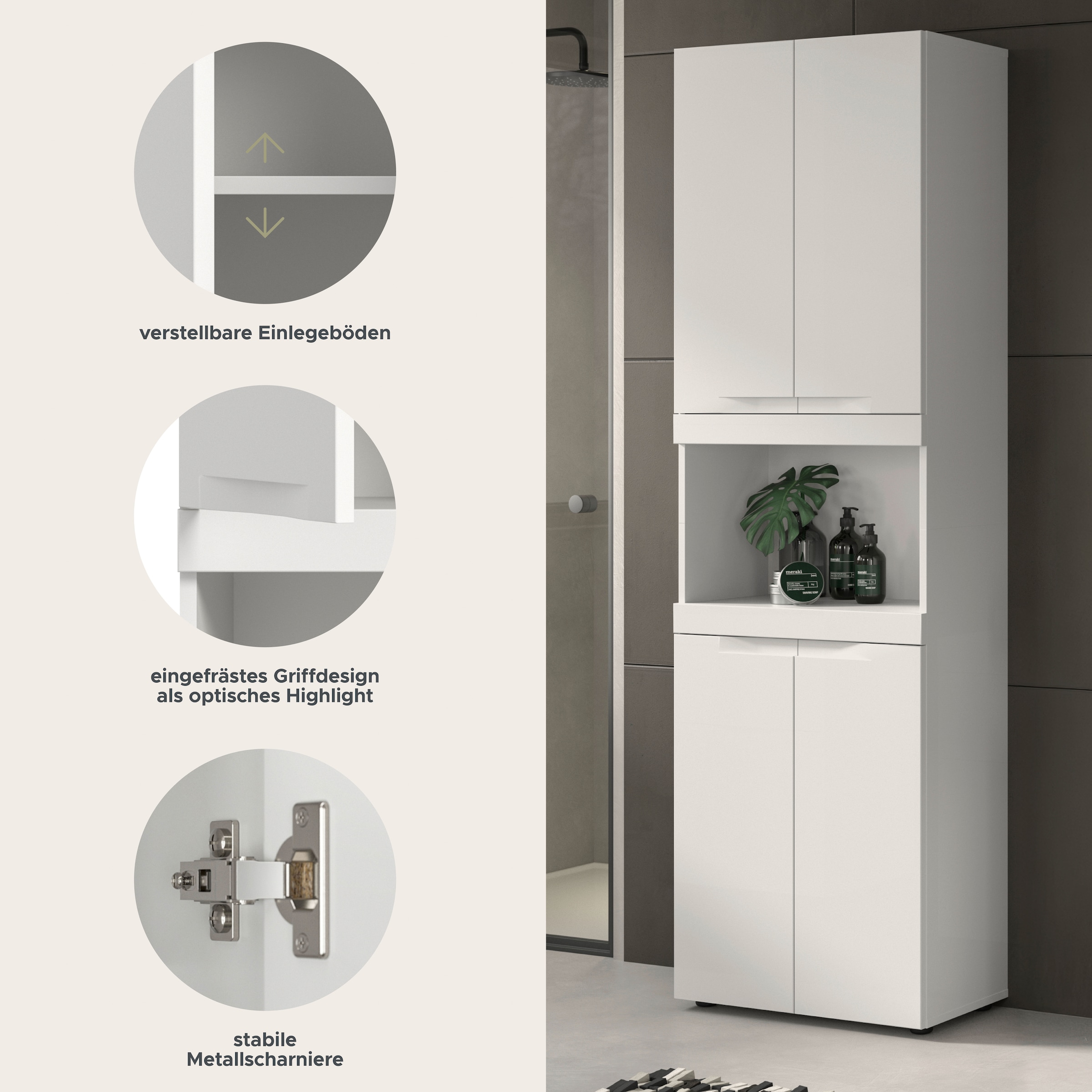OTTO home Hochschrank »MAOI, Höhe 194 cm, 4 Türen, 1 offenes Fach« Badezimmerschrank, Schrank, Badschrank, Midischrank, Bad, Badezimmer