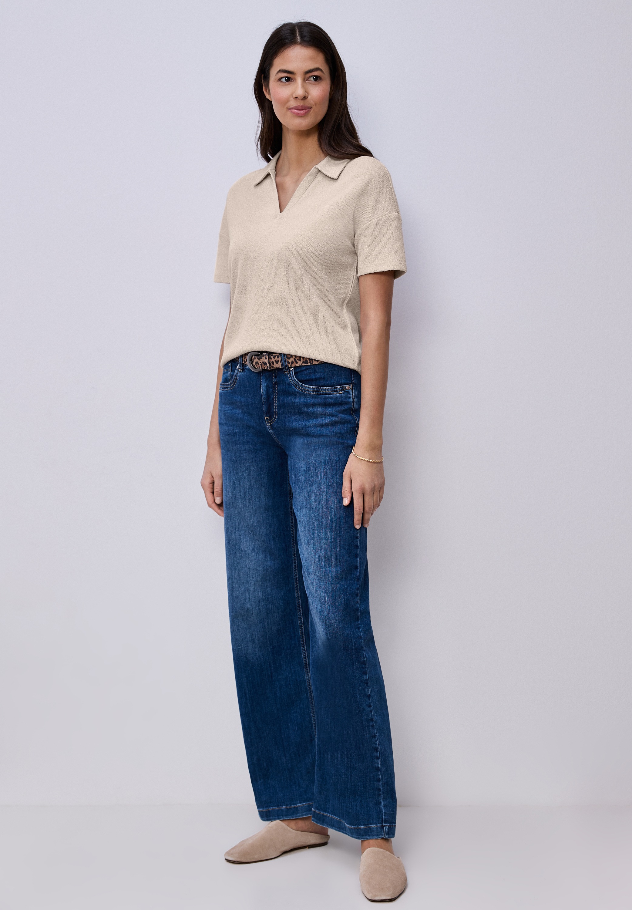 Poloshirt STREET ONE, Damen, Gr. 40, clay sand, Jersey, Obermaterial: 50% Viskose, 47% Polyester, 3% Elasthan, unifarben, regular fit normal, ohne Ausschnitt, Shirts, mit Stretchanteil 2