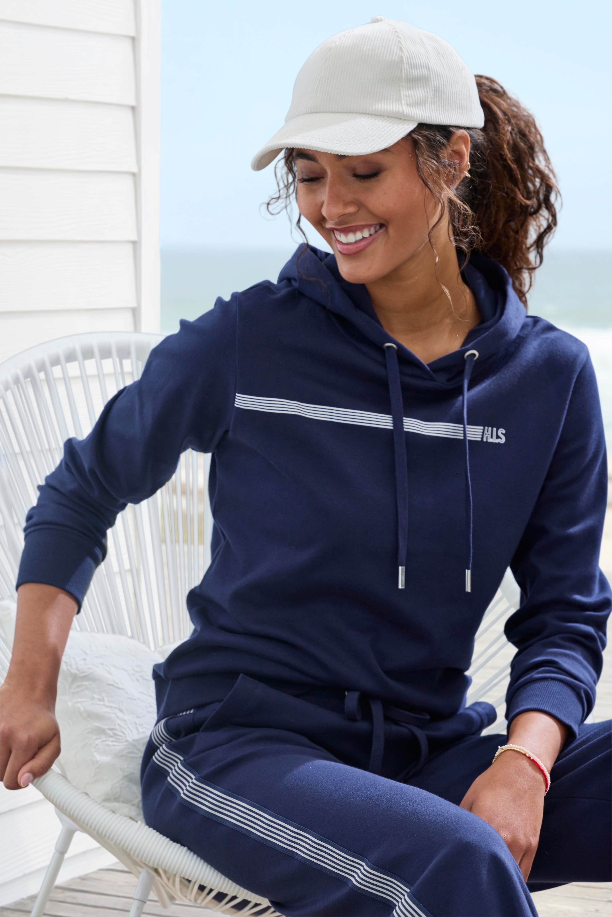 H.I.S Damen Hoodie, Gr. 40marine, Interlock, Obermaterial: 60% Baumwolle, 40% Polyester, bedruckt, unifarben, Basic, Sweatshirts, mit Streifenprint,