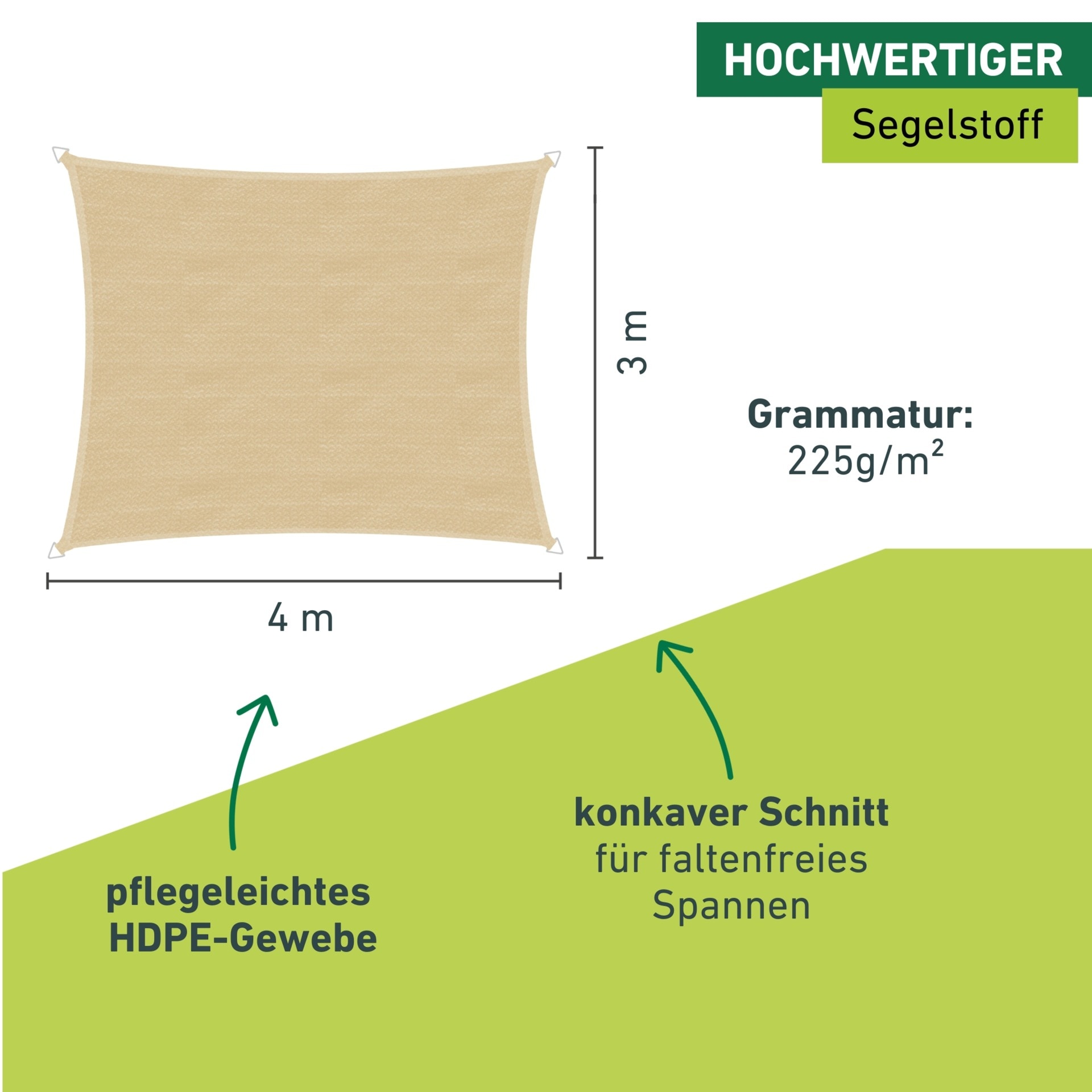 Windhager Sonnensegel »Capri, Rechteckiges Segel zur Beschattung von Garten, Terrasse, Balkon« Sonnenschutz 3 x 4 m, erhältlich in grau, champagner oder reed
